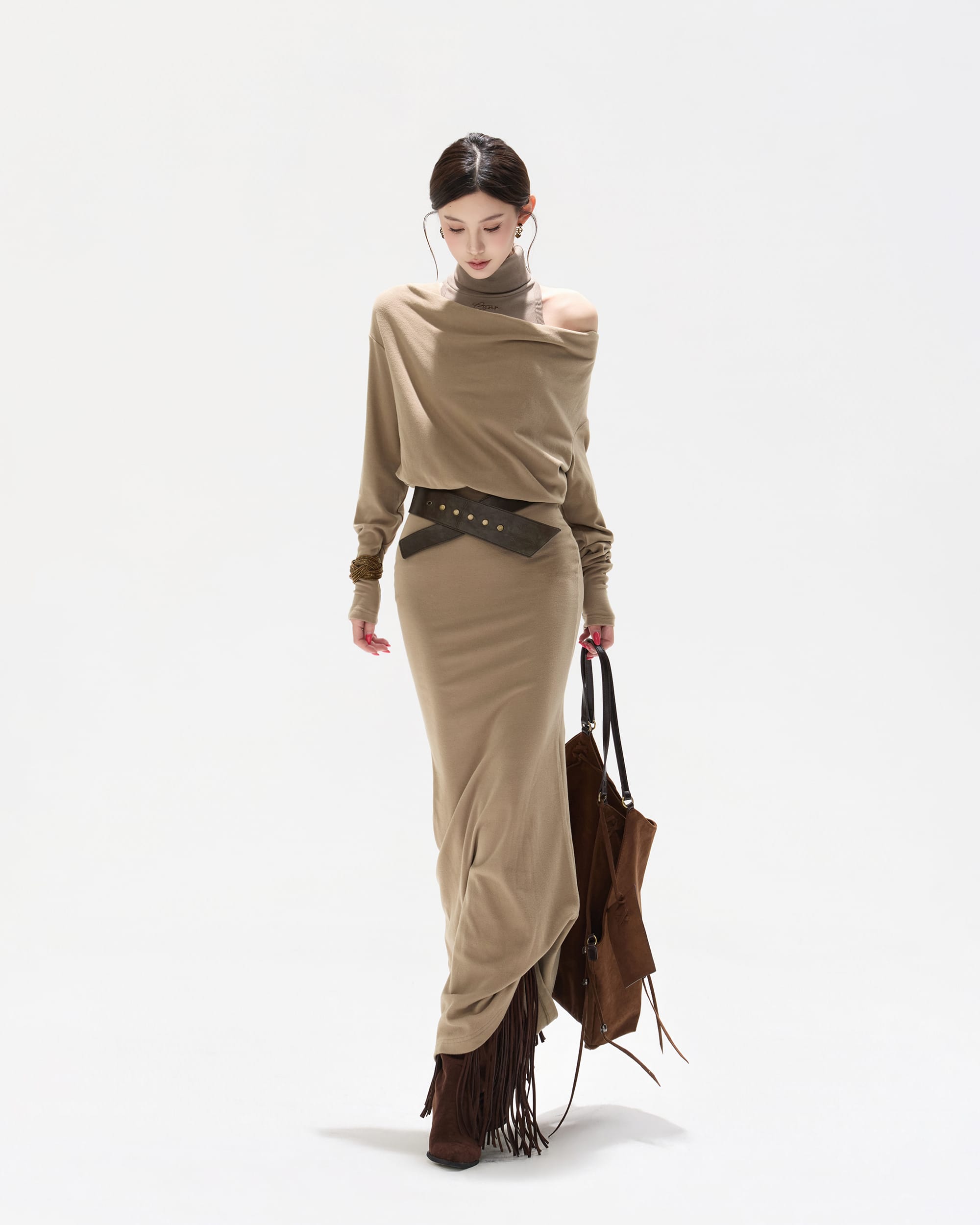 CYNR Off-Shoulder Cowl Layered Knit Mermaid Dress