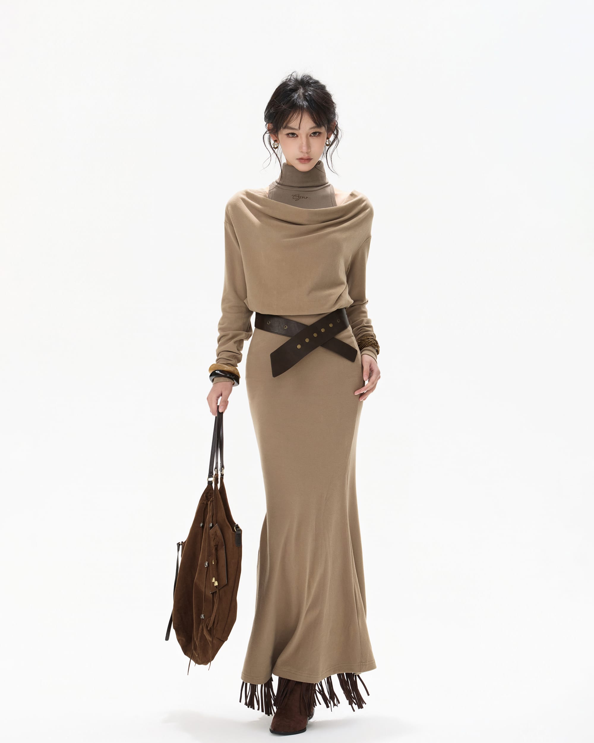 CYNR Off-Shoulder Cowl Layered Knit Mermaid Dress