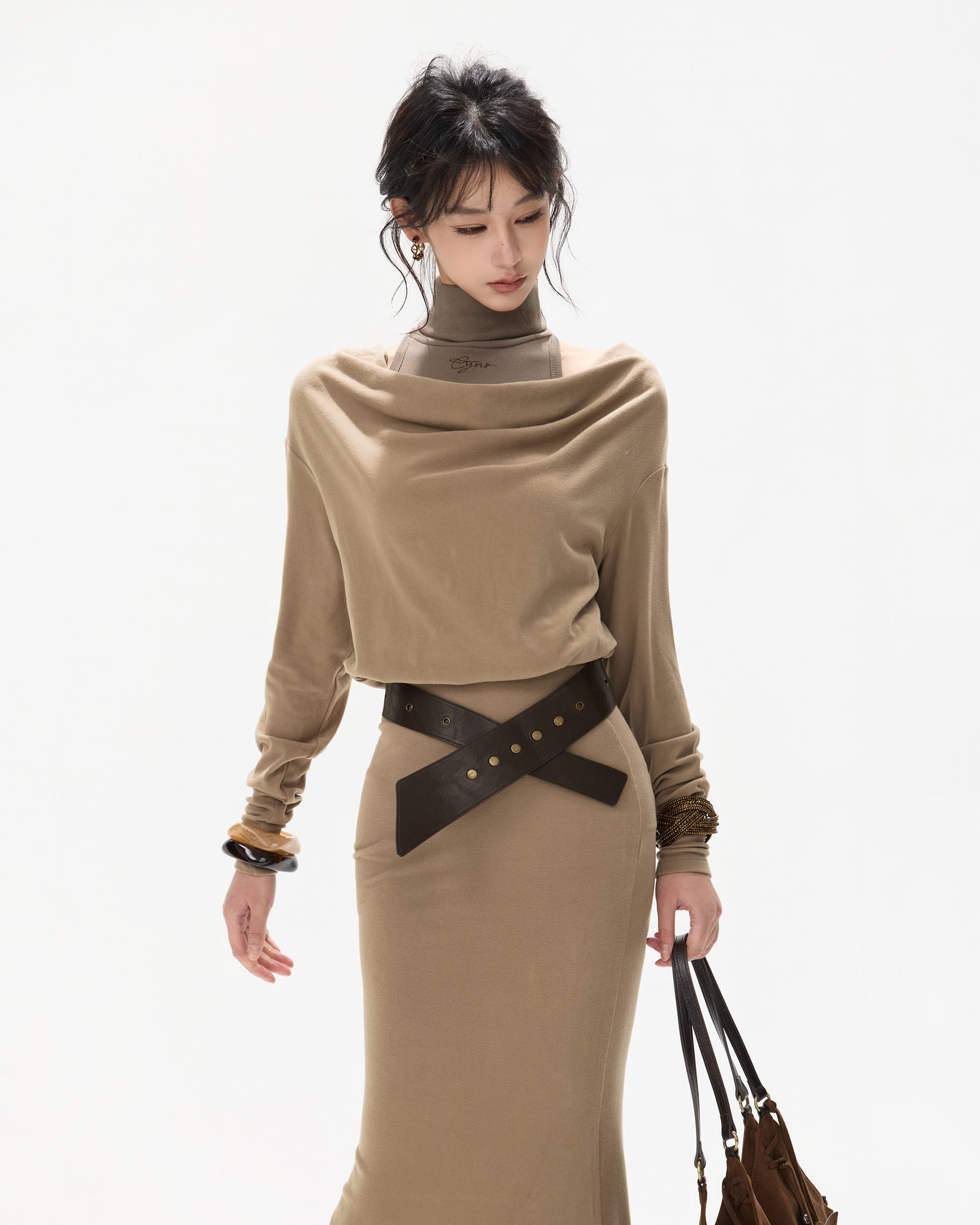 CYNR Off-Shoulder Cowl Layered Knit Mermaid Dress