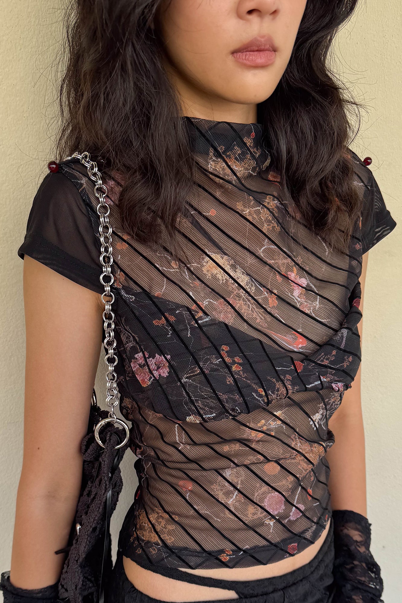 JIUWU PARK Sheer Floral Mesh Layered Bust Top