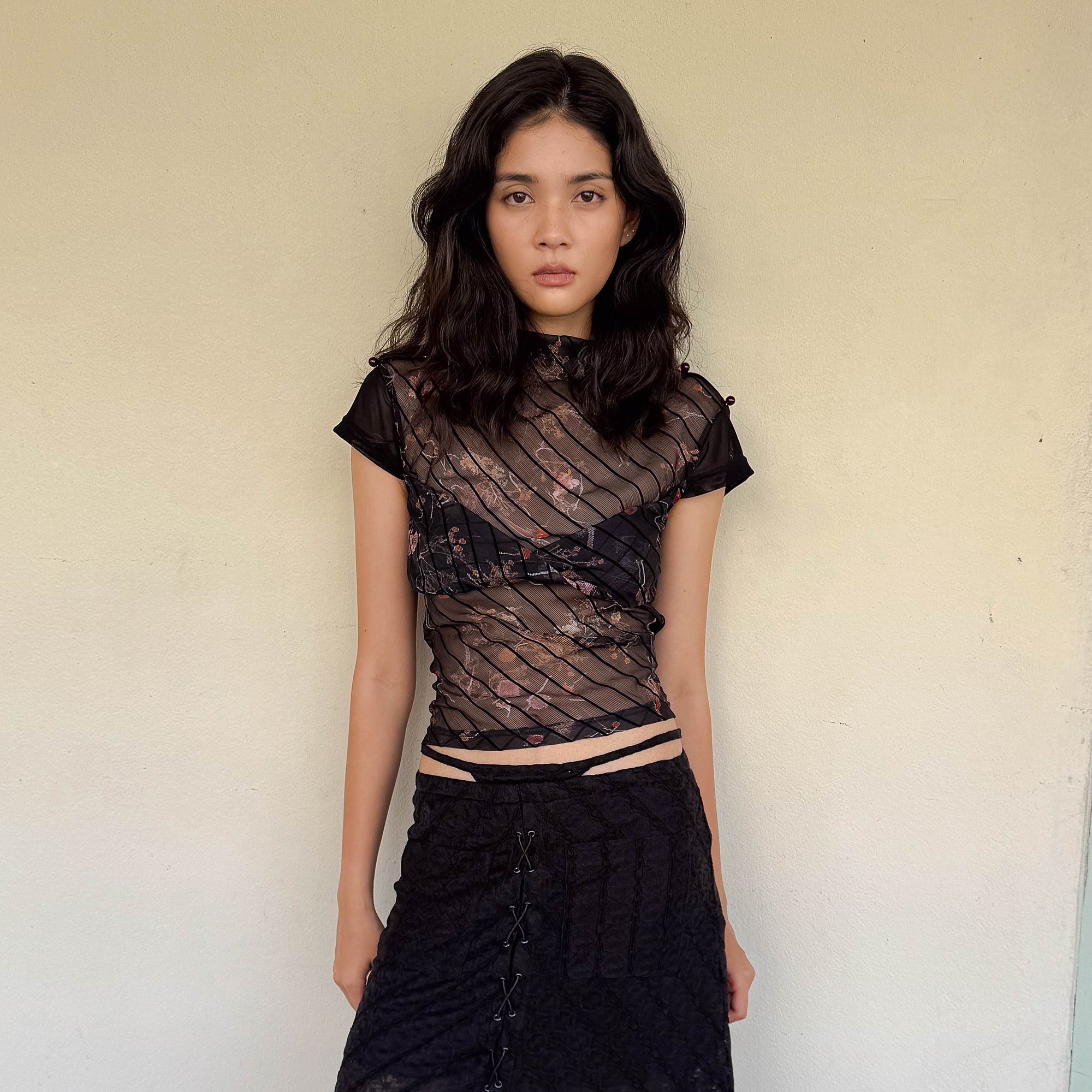 JIUWU PARK Sheer Floral Mesh Layered Bust Top