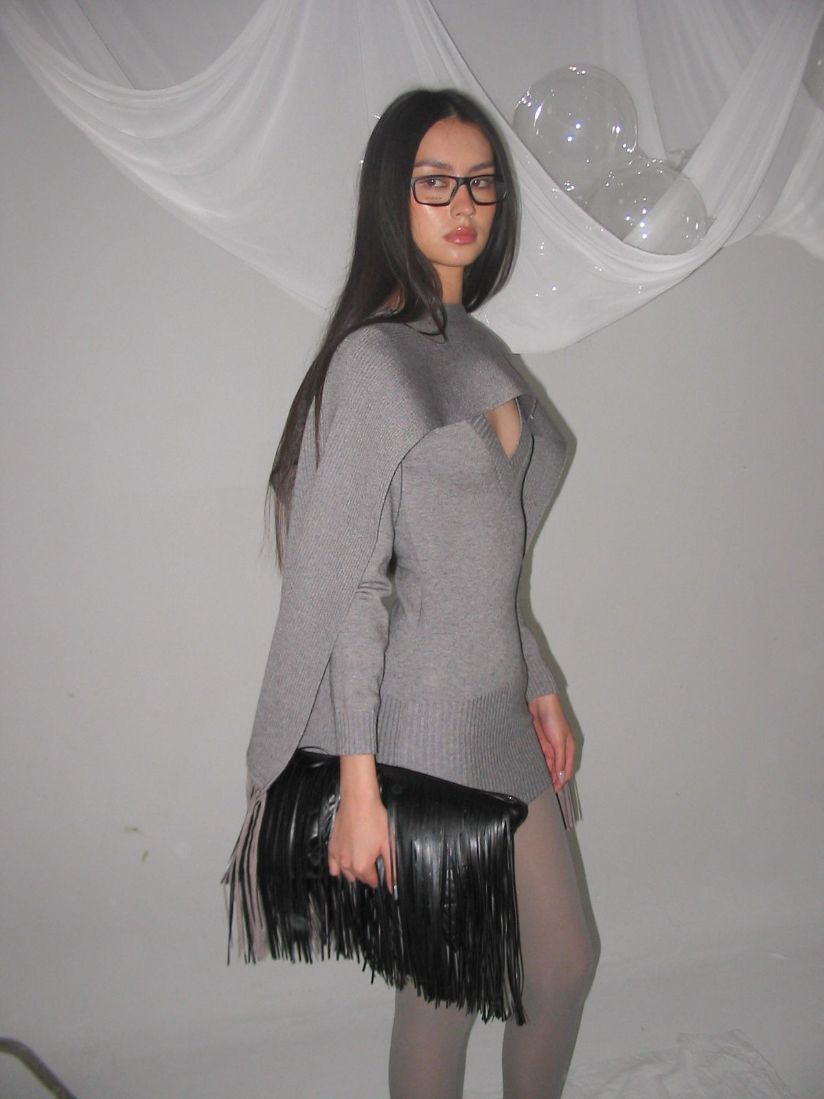 NEVER OFFEND L ANGEL Deep-V Knit Dress with Fringe Cape