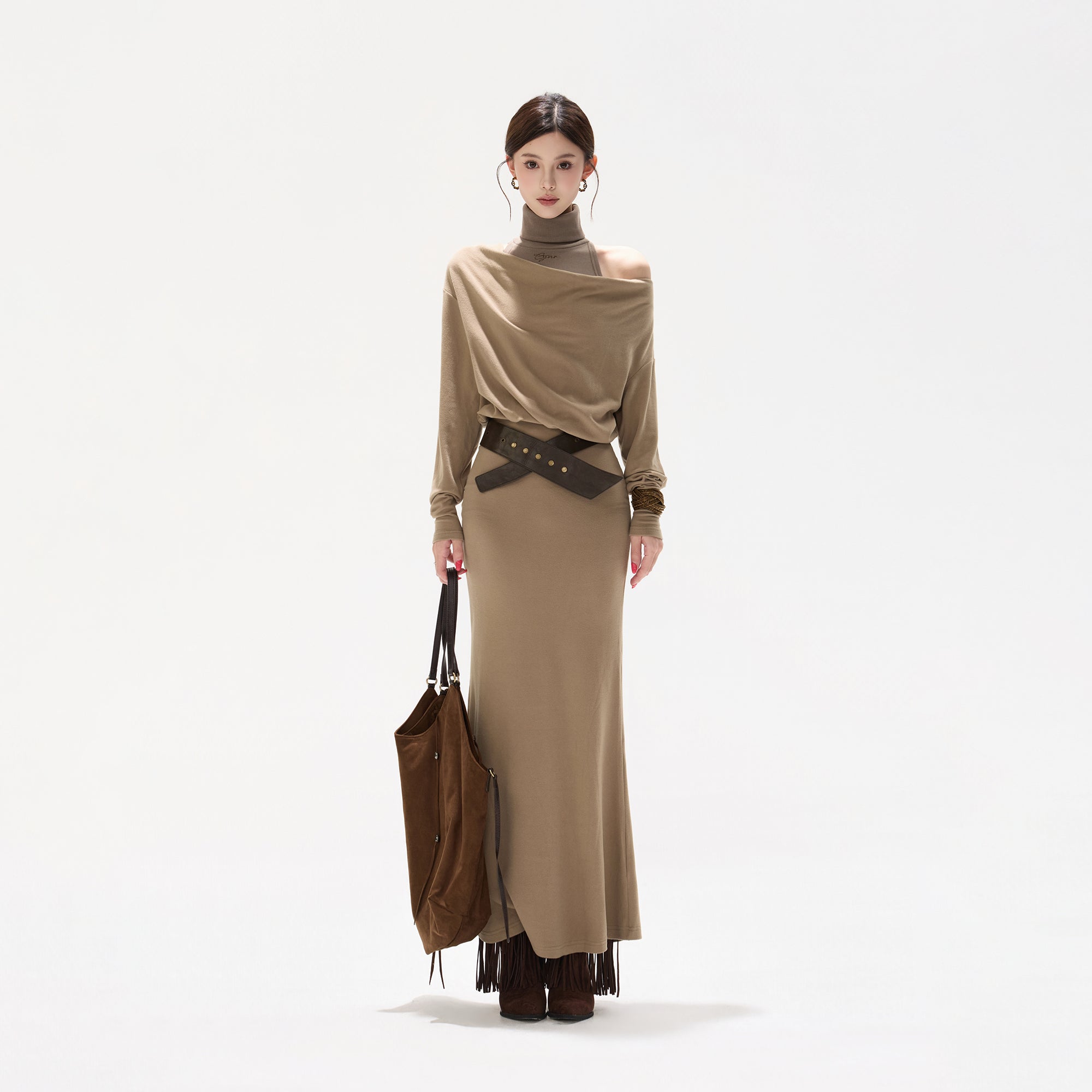 CYNR Off-Shoulder Cowl Layered Knit Mermaid Dress