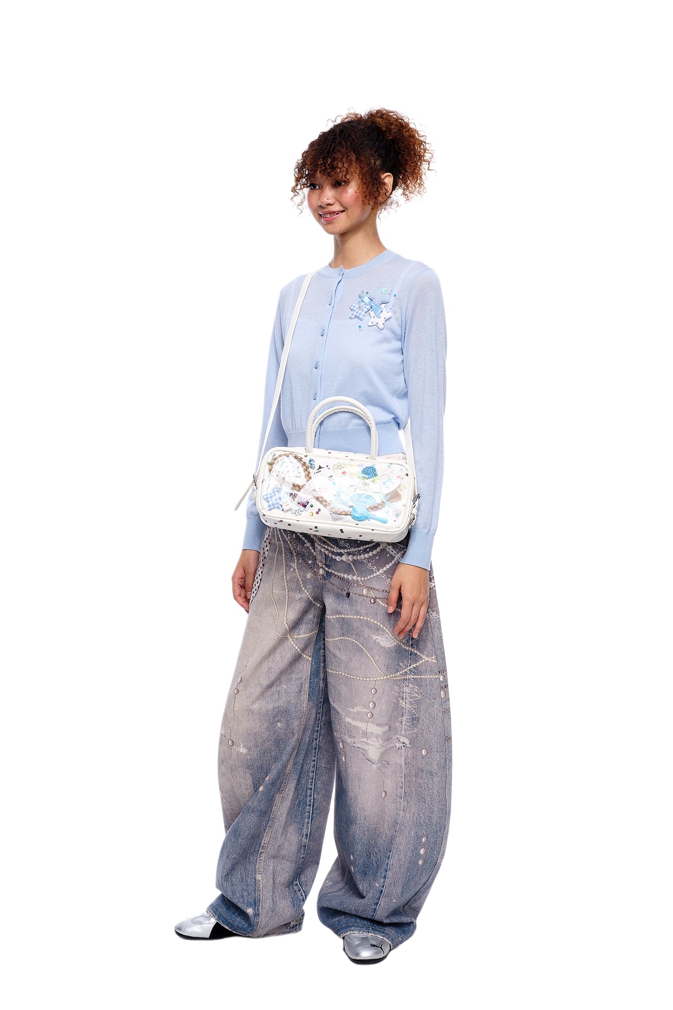 MOF Pearl Chain Graphic Washed Curved Jeans