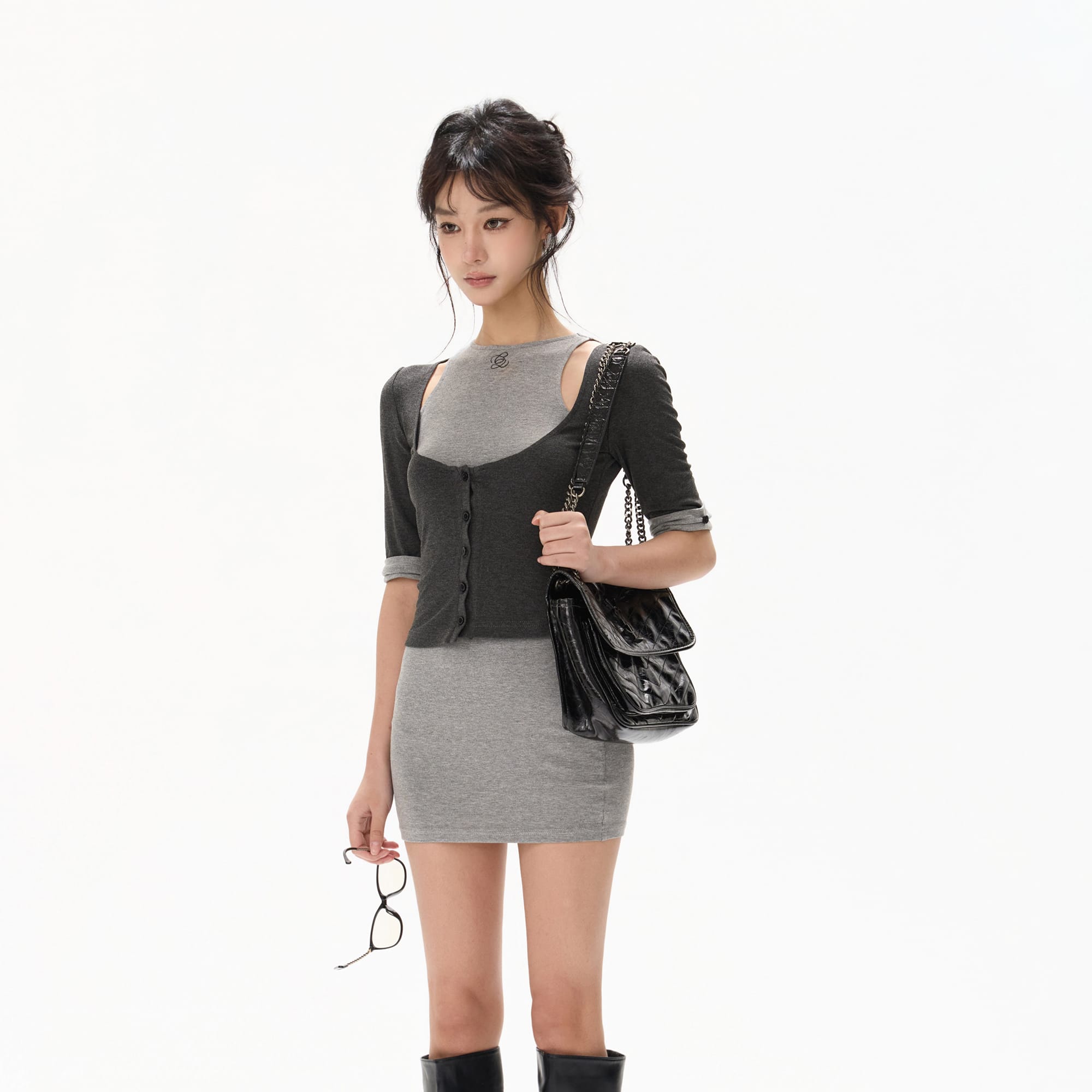 CYNR Contrast Panel Two-Piece Cutout Bodycon Mini Dress