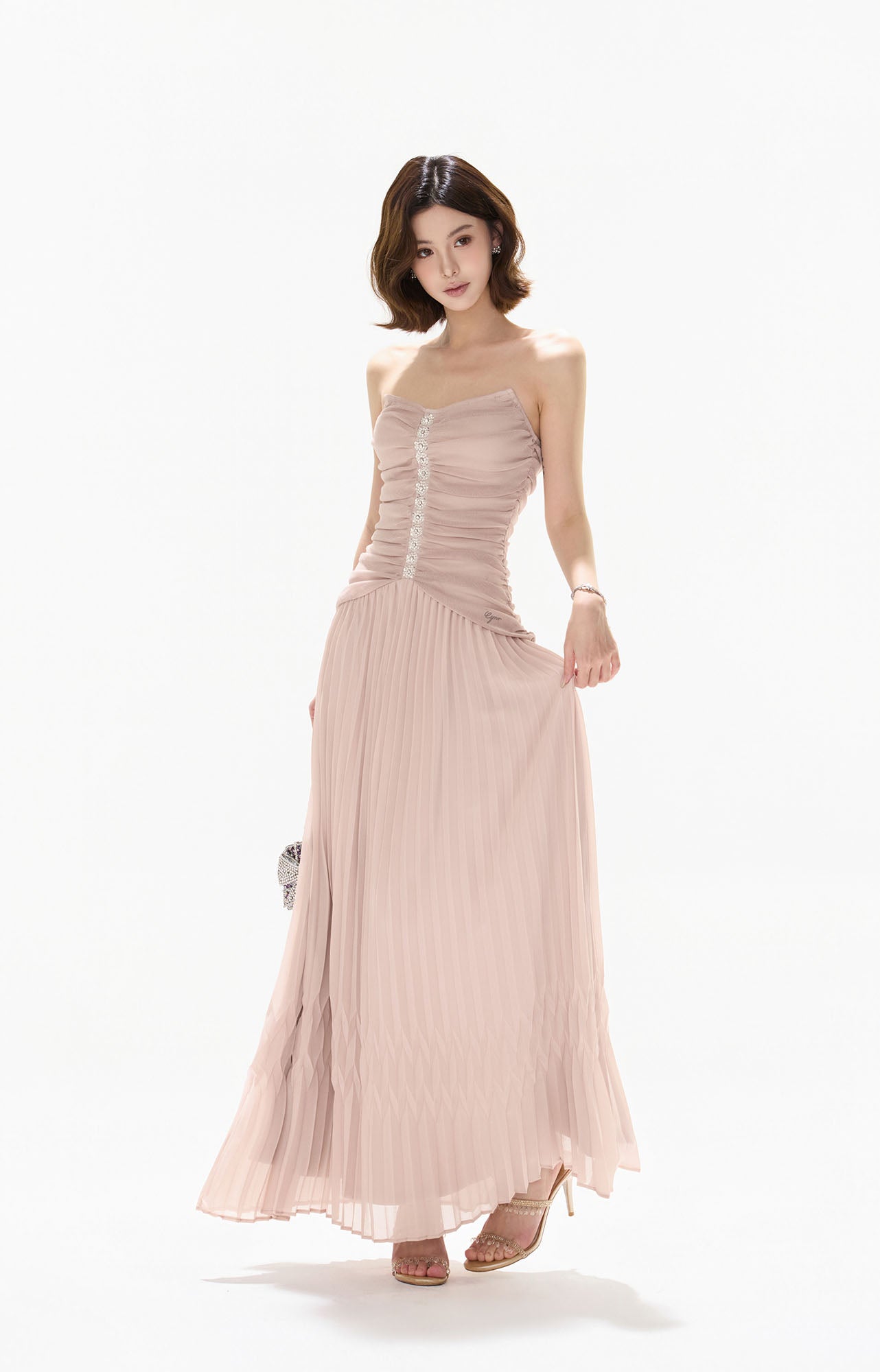 CYNR Ruched Strapless Pleated Maxi Dress
