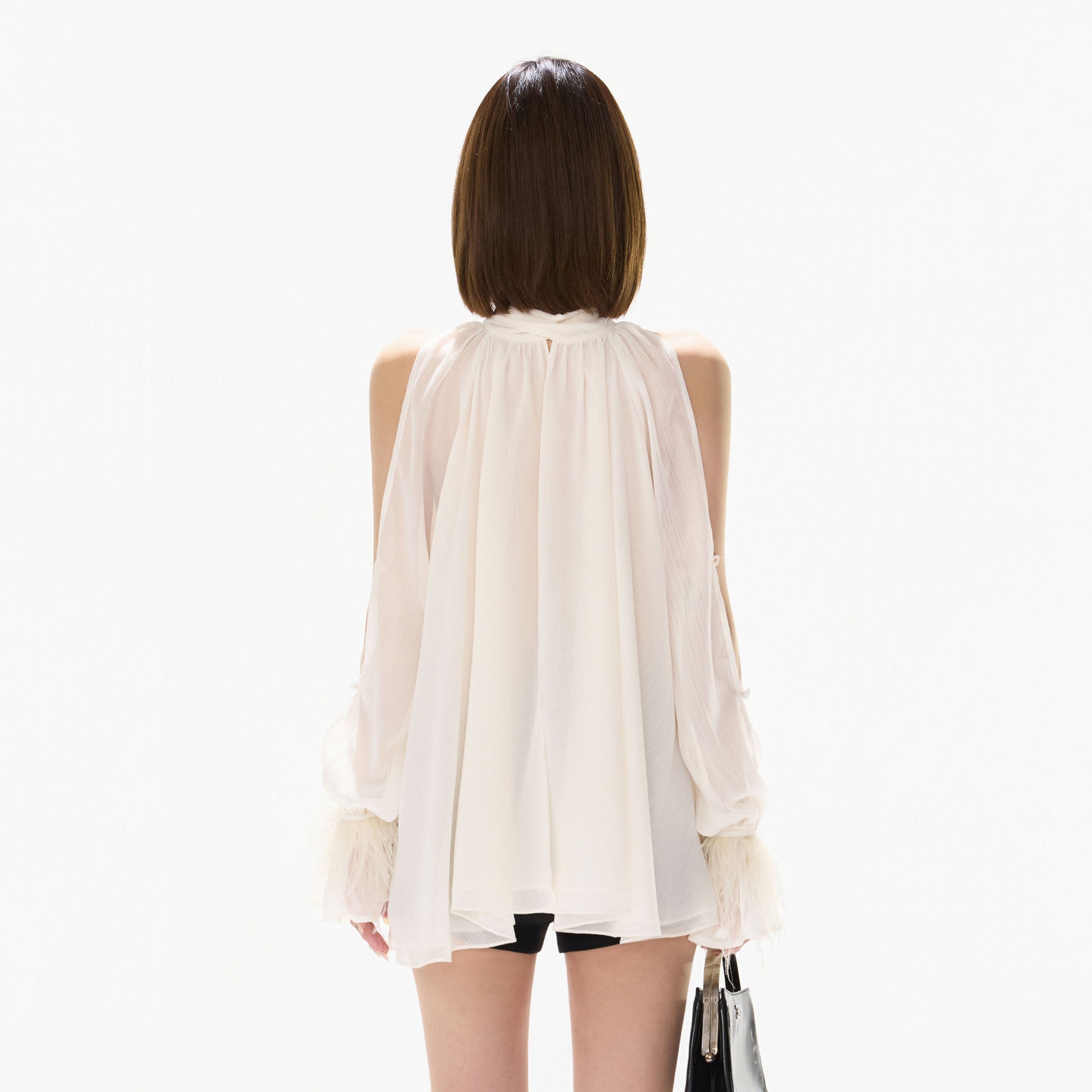 CYNR Faux Feather Trim Halter Chiffon Top