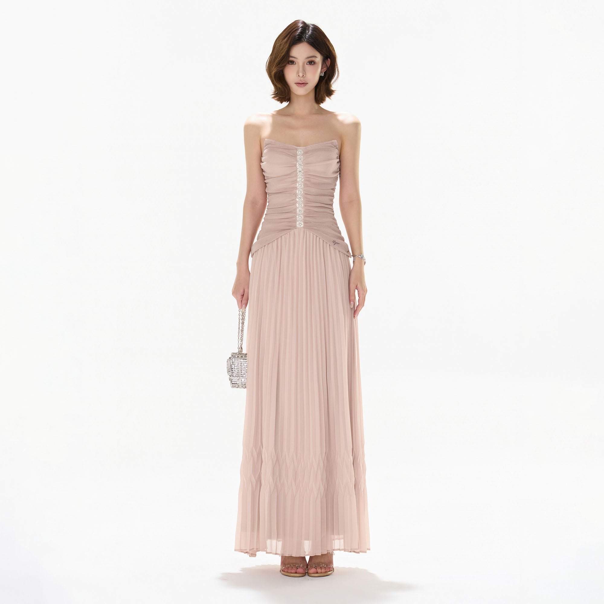 CYNR Ruched Strapless Pleated Maxi Dress