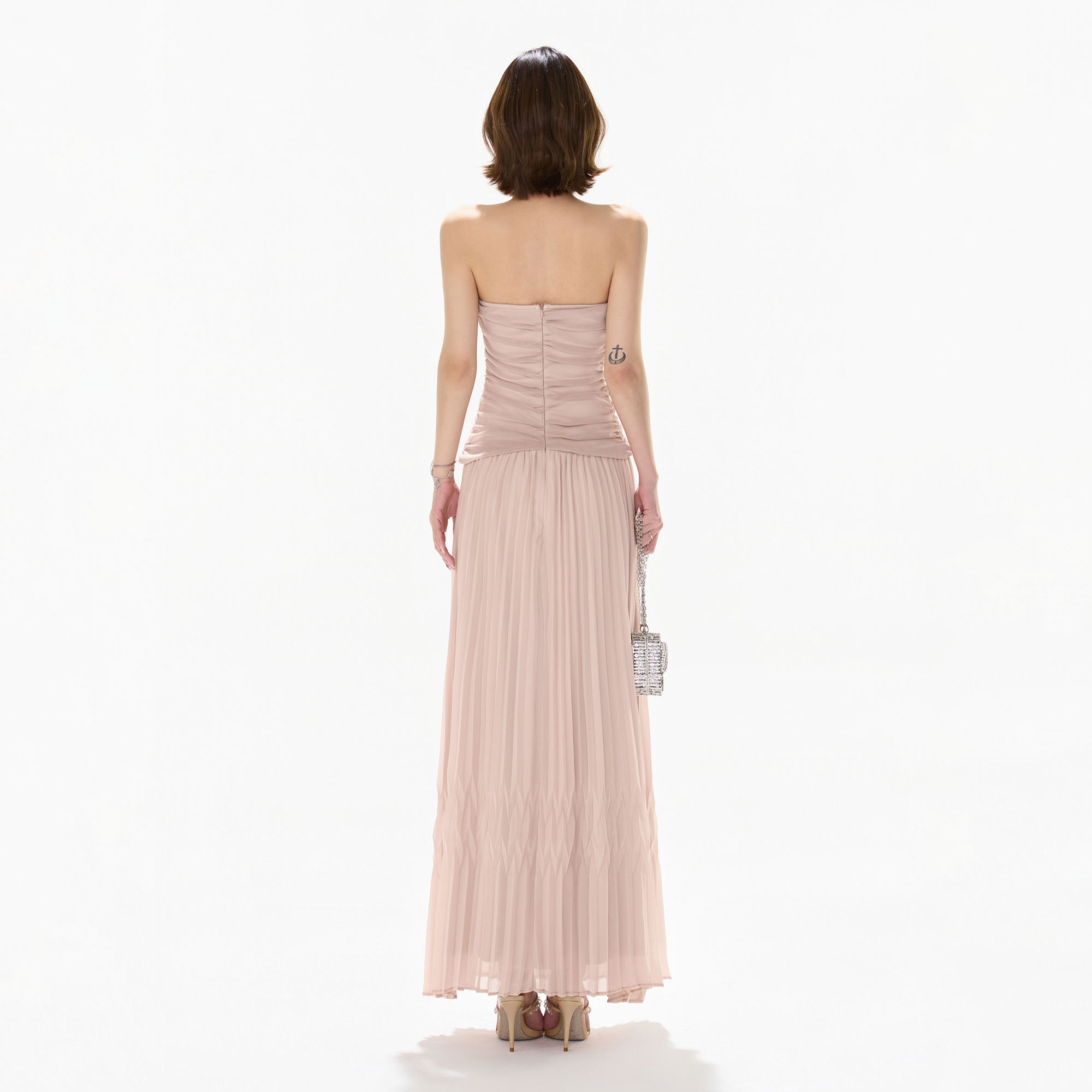 CYNR Ruched Strapless Pleated Maxi Dress