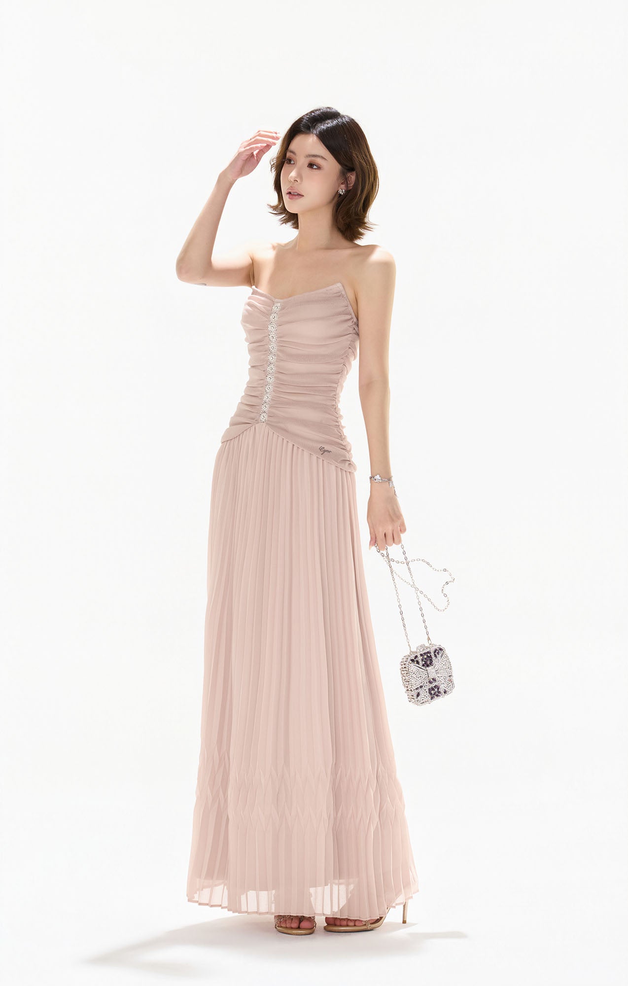 CYNR Ruched Strapless Pleated Maxi Dress