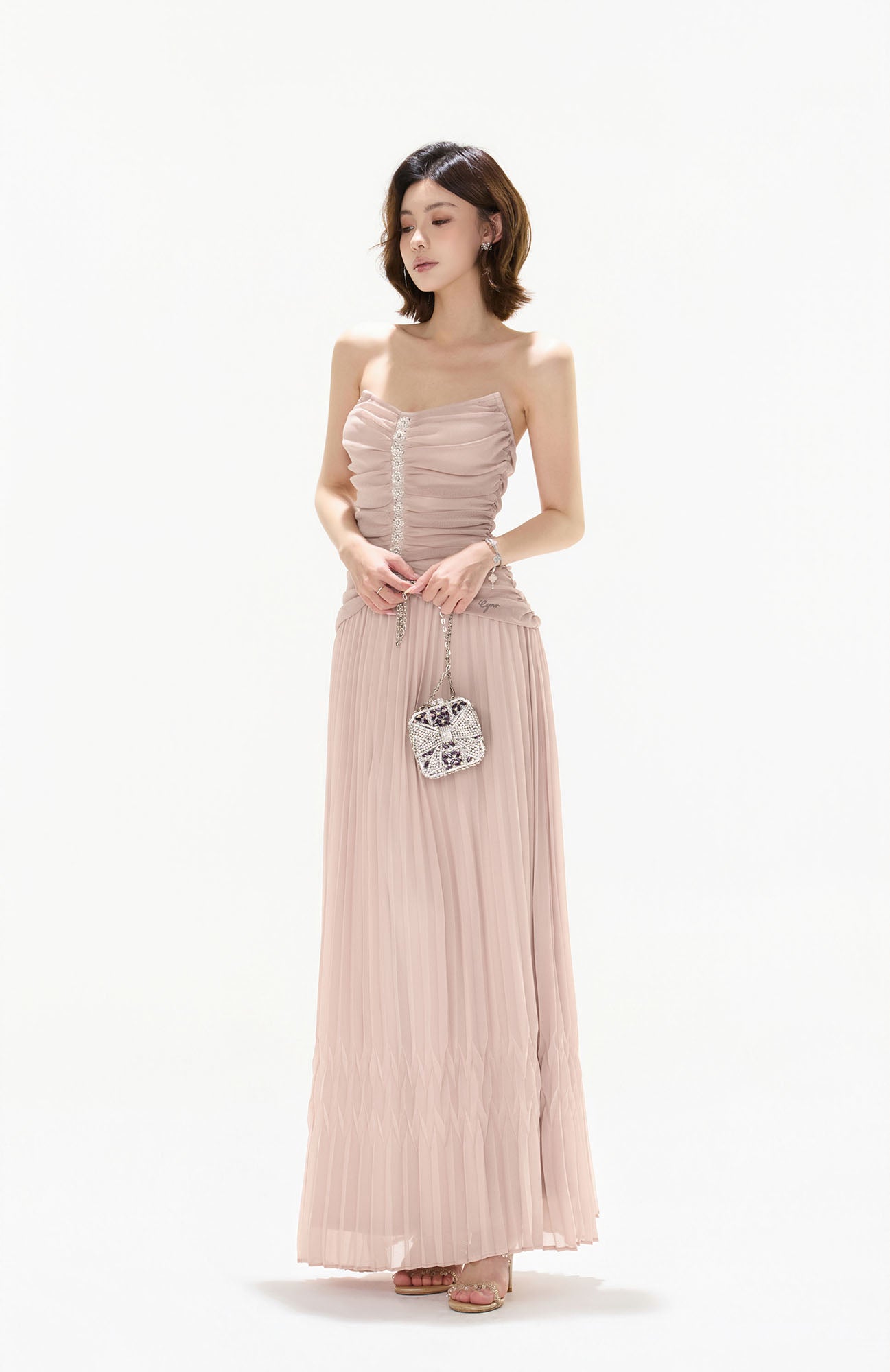 CYNR Ruched Strapless Pleated Maxi Dress