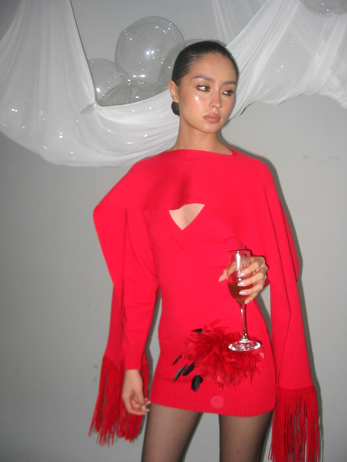 NEVER OFFEND L ANGEL Deep-V Knit Dress with Fringe Cape