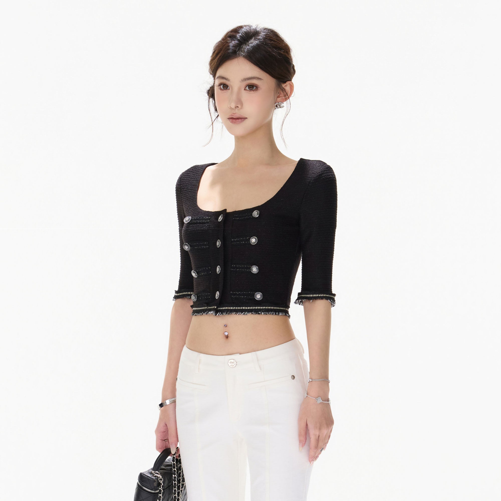 CYNR Frayed Trim Military Button Cropped Top