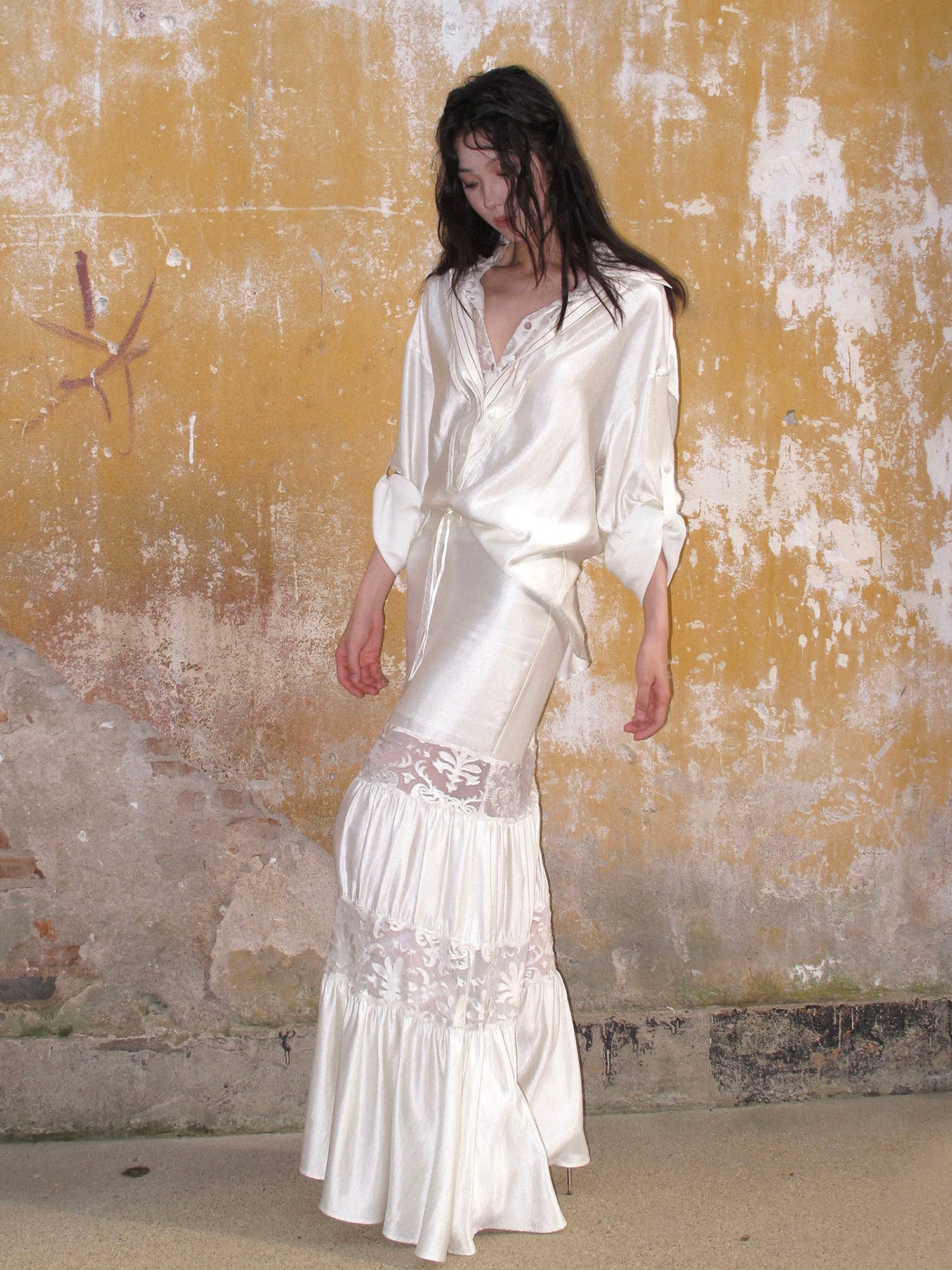 WHYNOTDANCE Lace-Paneled Crinkled Mermaid Maxi Skirt