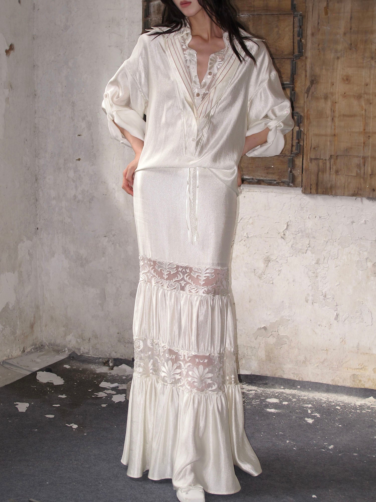 WHYNOTDANCE Lace-Paneled Crinkled Mermaid Maxi Skirt