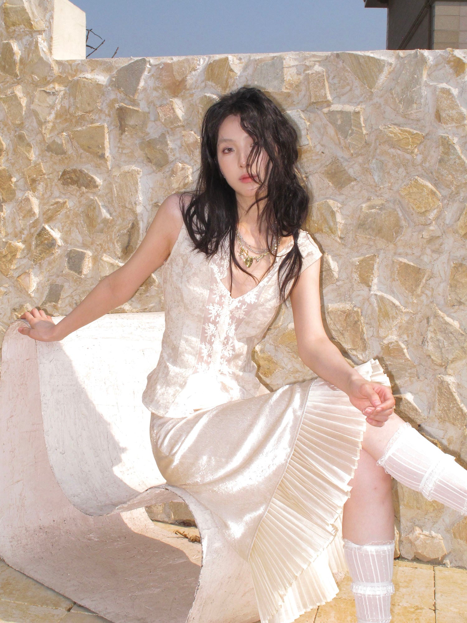 WHYNOTDANCE Pleated Hem Tencel-Blend Crinkled Skirt