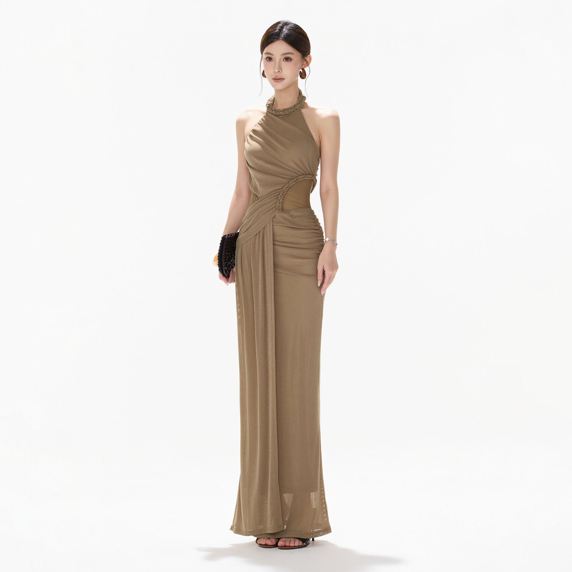 CYNR Ruched Halter Drape Maxi Dress