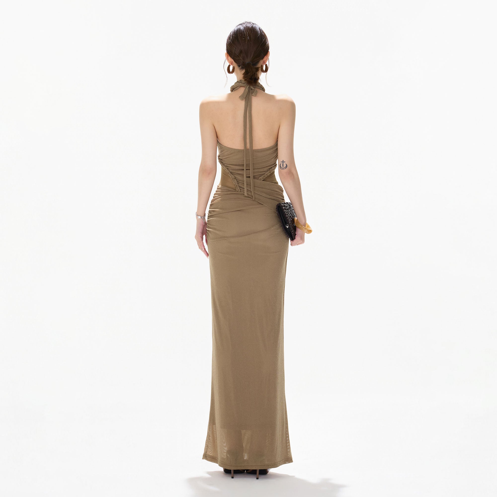 CYNR Ruched Halter Drape Maxi Dress