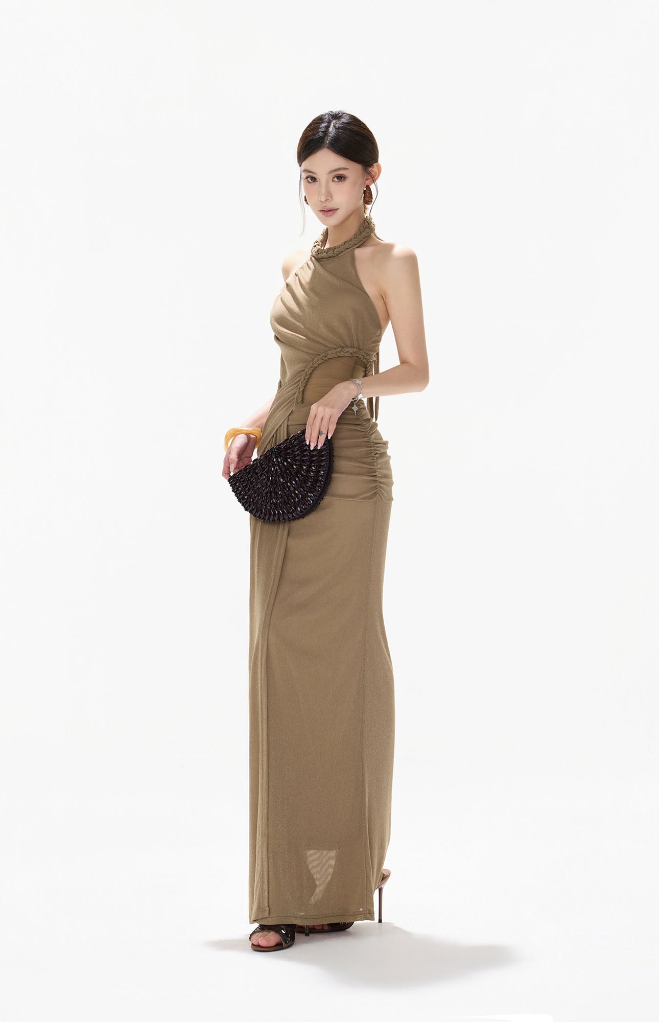 CYNR Ruched Halter Drape Maxi Dress