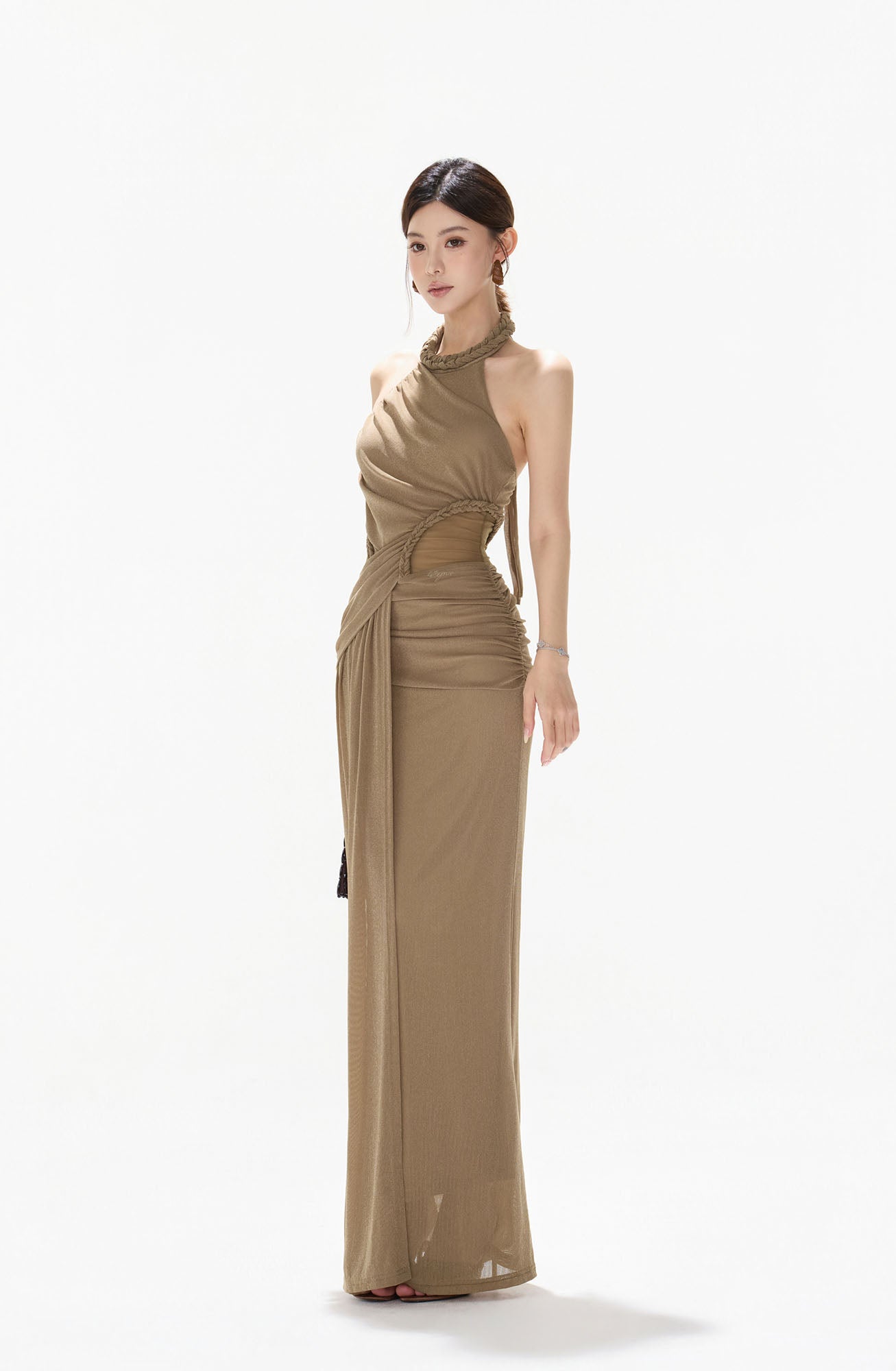 CYNR Ruched Halter Drape Maxi Dress