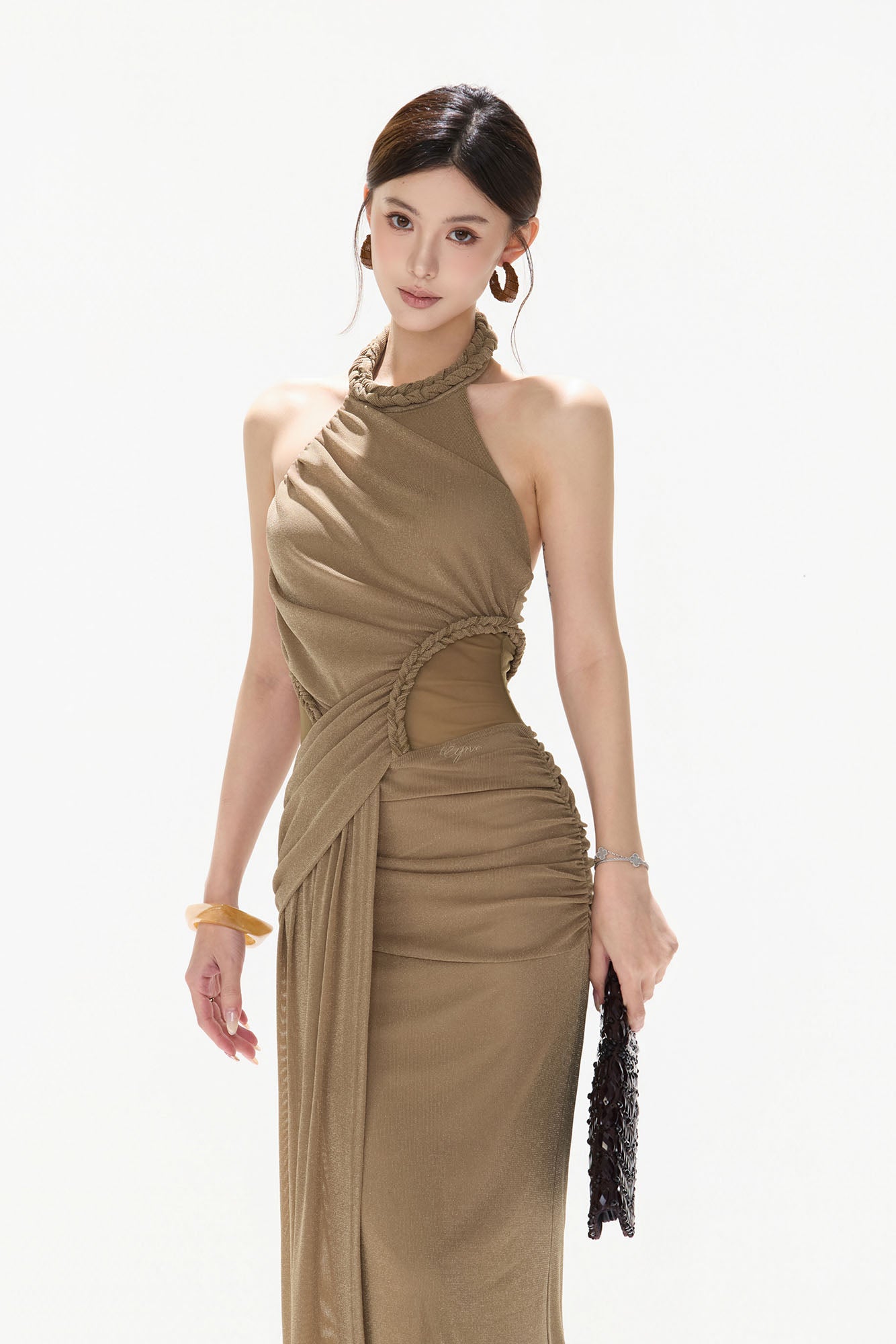 CYNR Ruched Halter Drape Maxi Dress