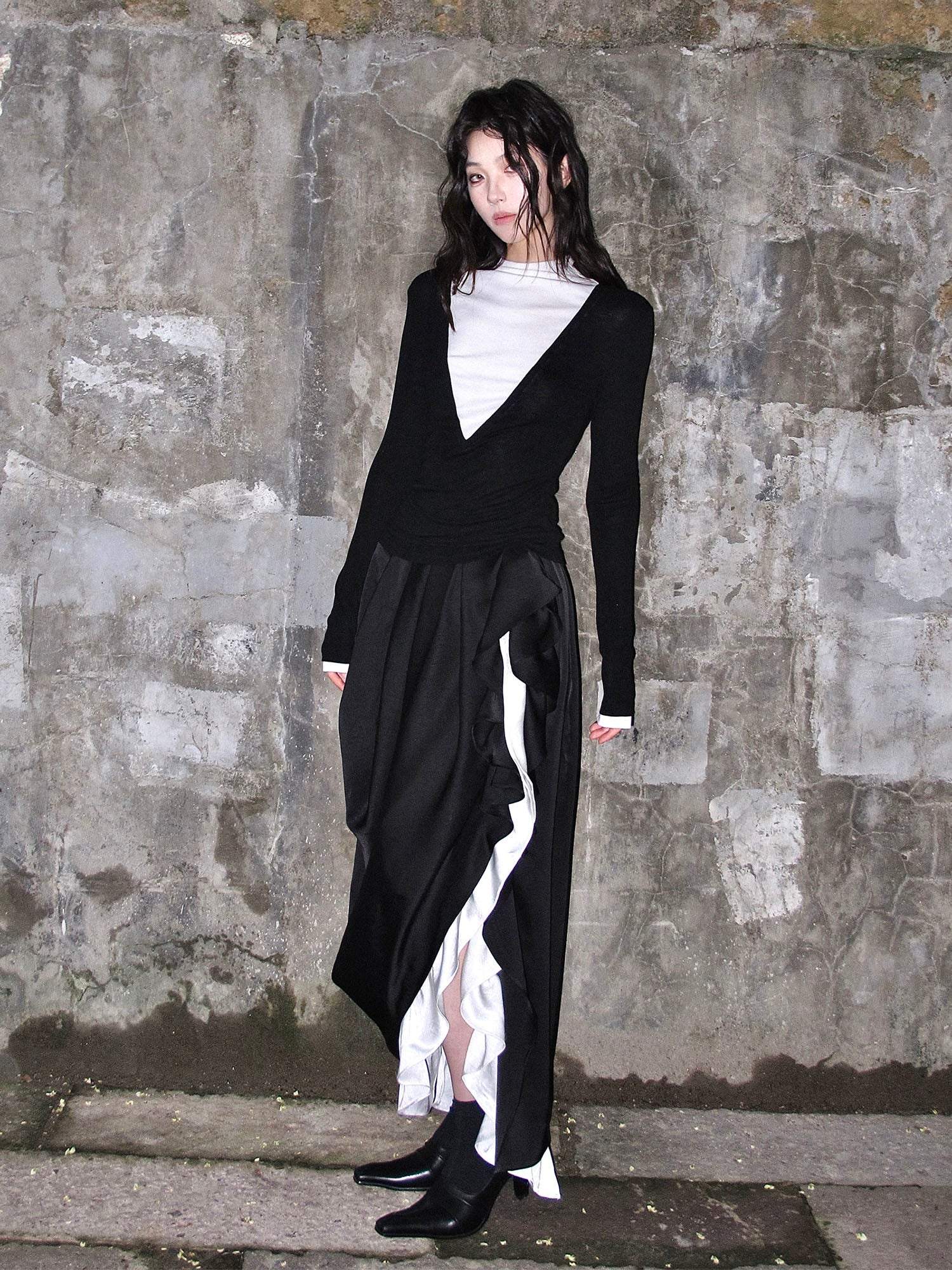 WHYNOTDANCE Asymmetric Ruffle-Trim Contrast Dress