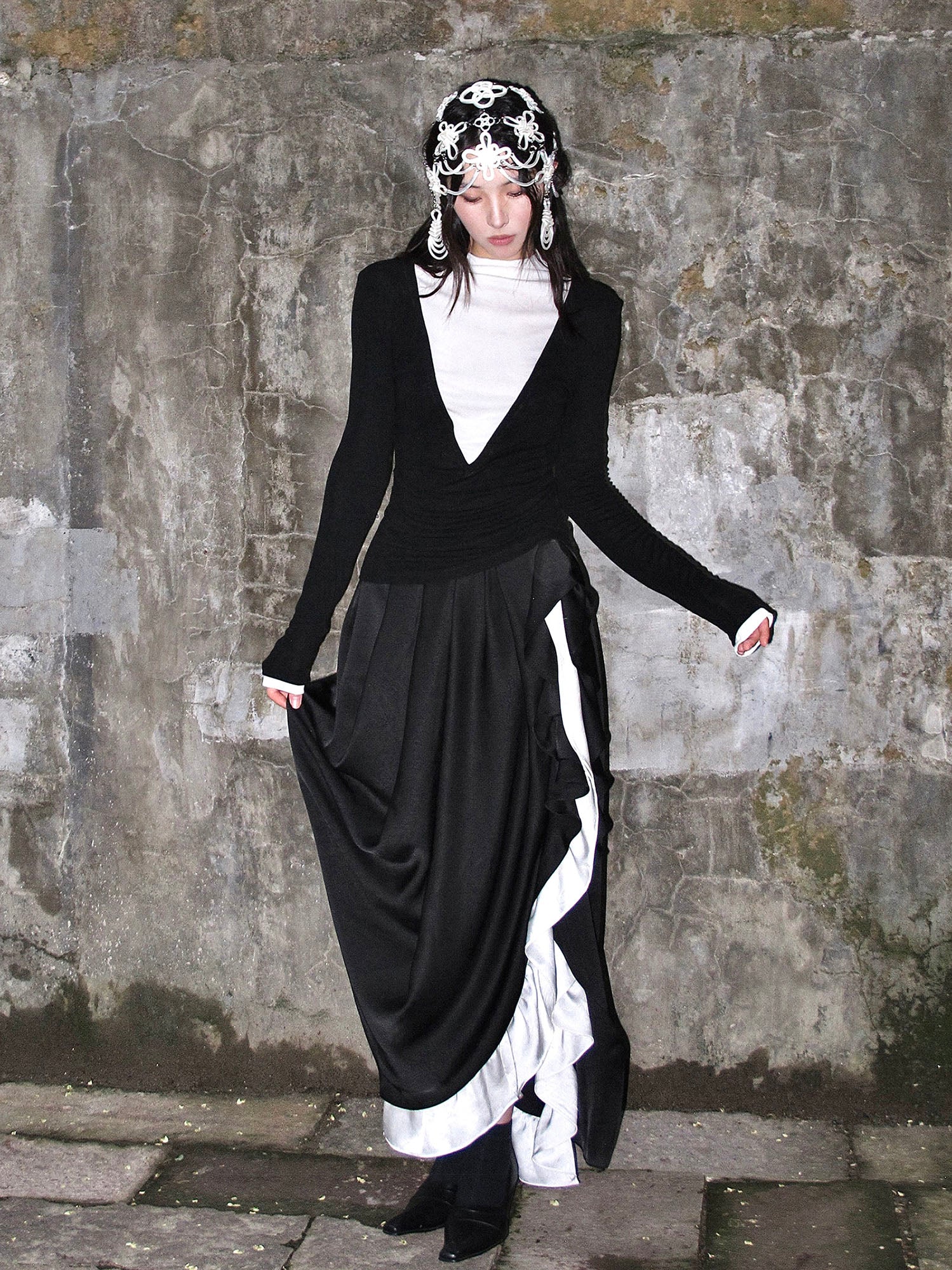 WHYNOTDANCE Asymmetric Ruffle-Trim Contrast Dress