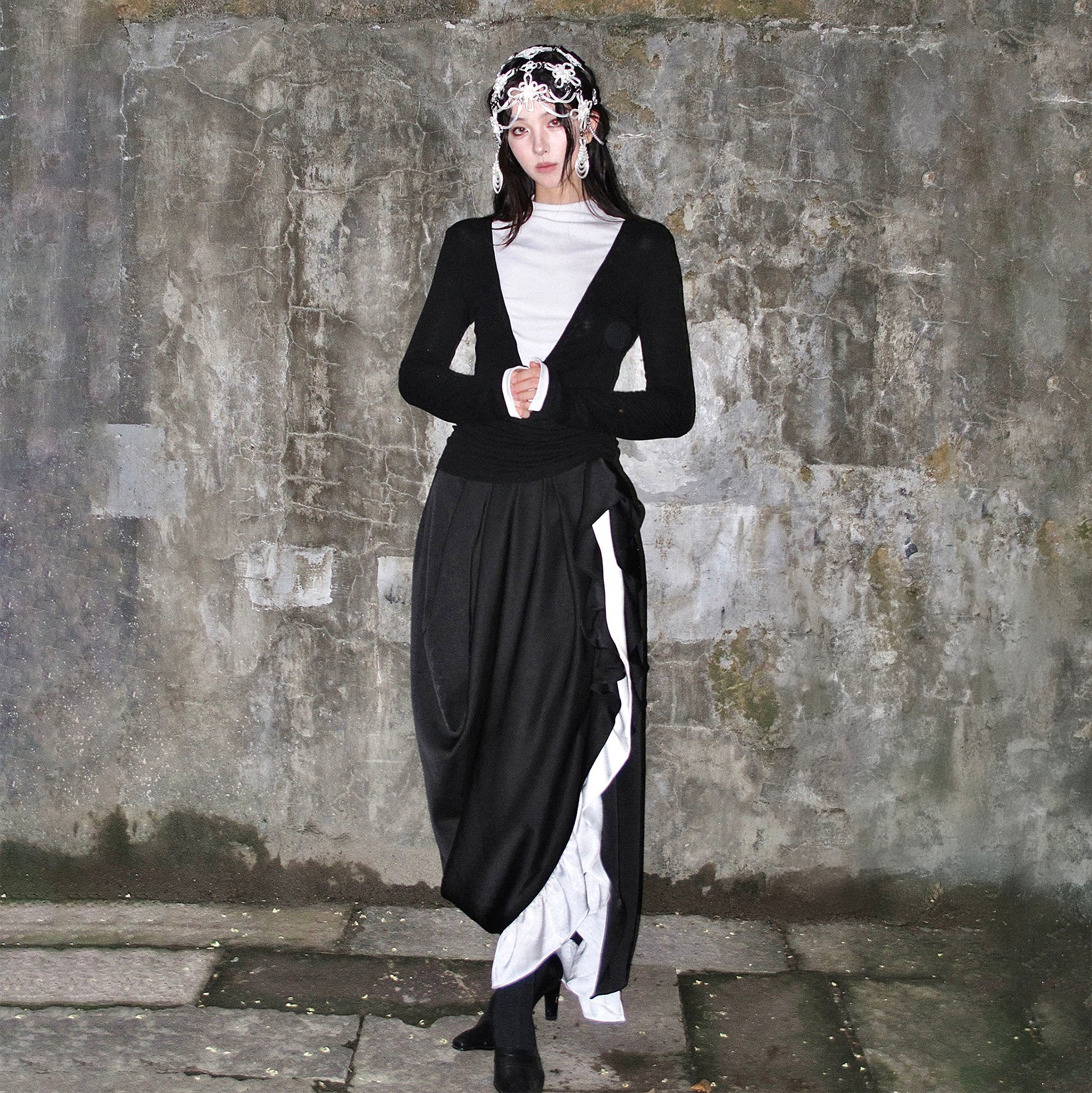 WHYNOTDANCE Asymmetric Ruffle-Trim Contrast Dress