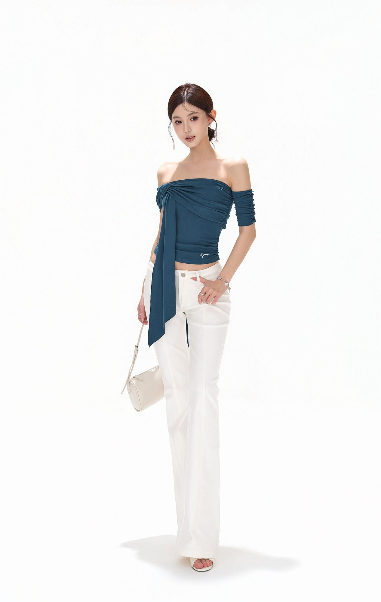 CYNR Twist-Drape Off-Shoulder Top Blue