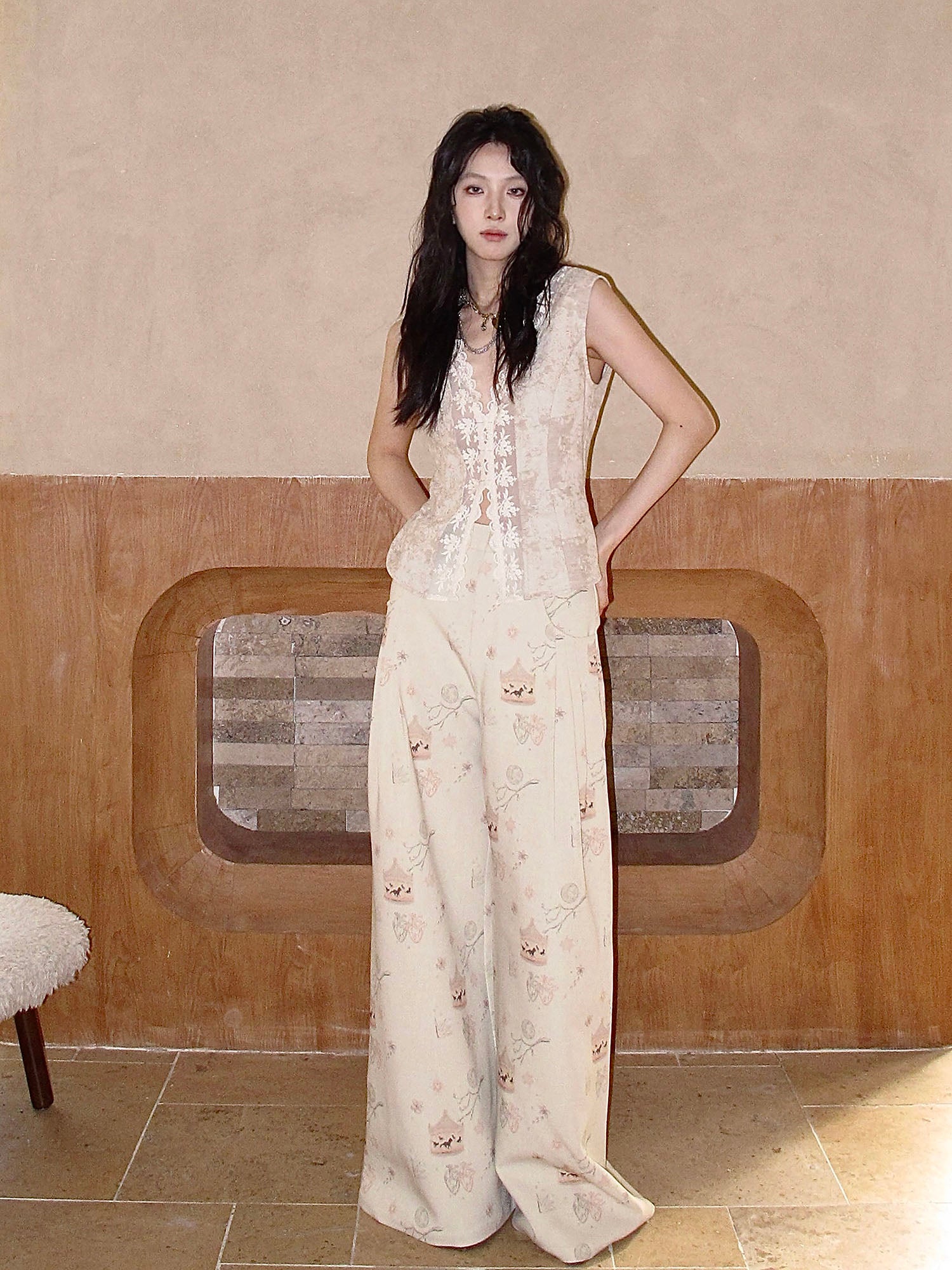 WHYNOTDANCE Full-Print Pleats Wide-Leg Trousers