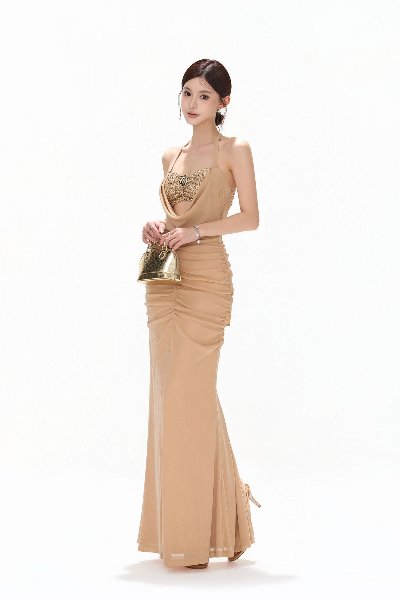 CYNR Sequin Bandeau Ruched Halter Maxi Dress Champagne