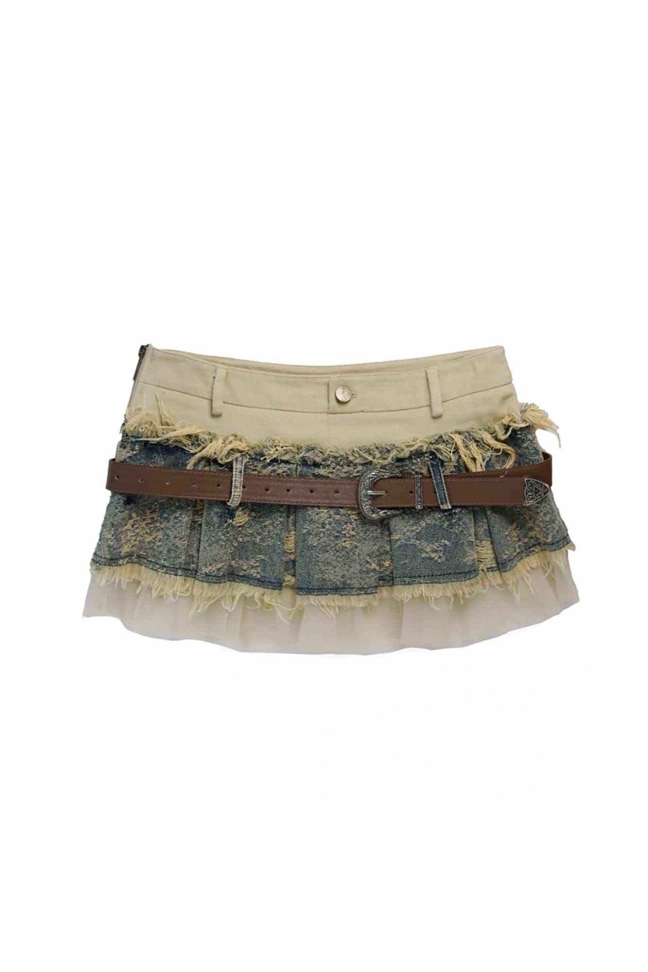 CESTNOUS Layered Frayed Denim Tulle Mini Skirt
