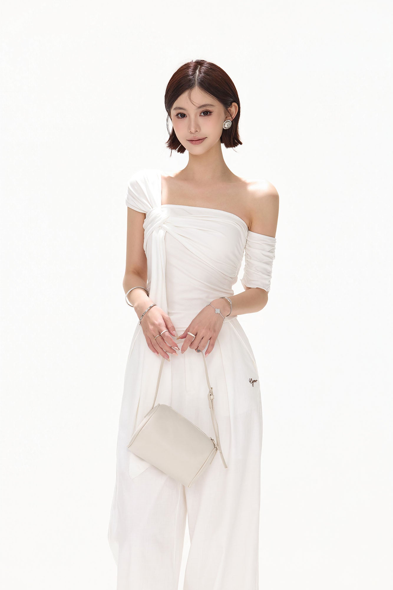 CYNR Twist-Drape Off-Shoulder Top White