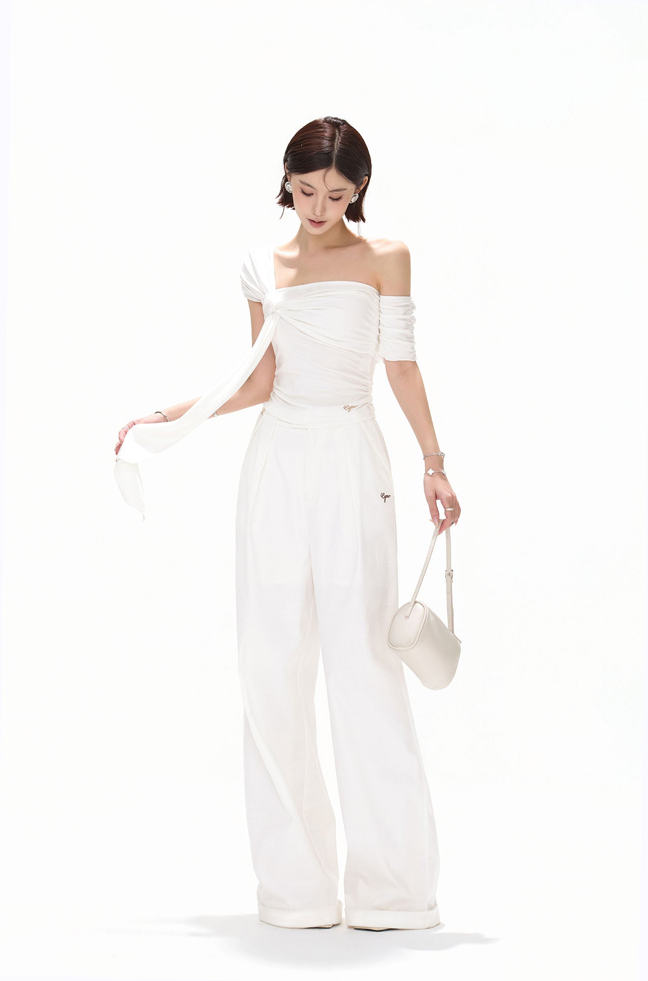 CYNR Twist-Drape Off-Shoulder Top White