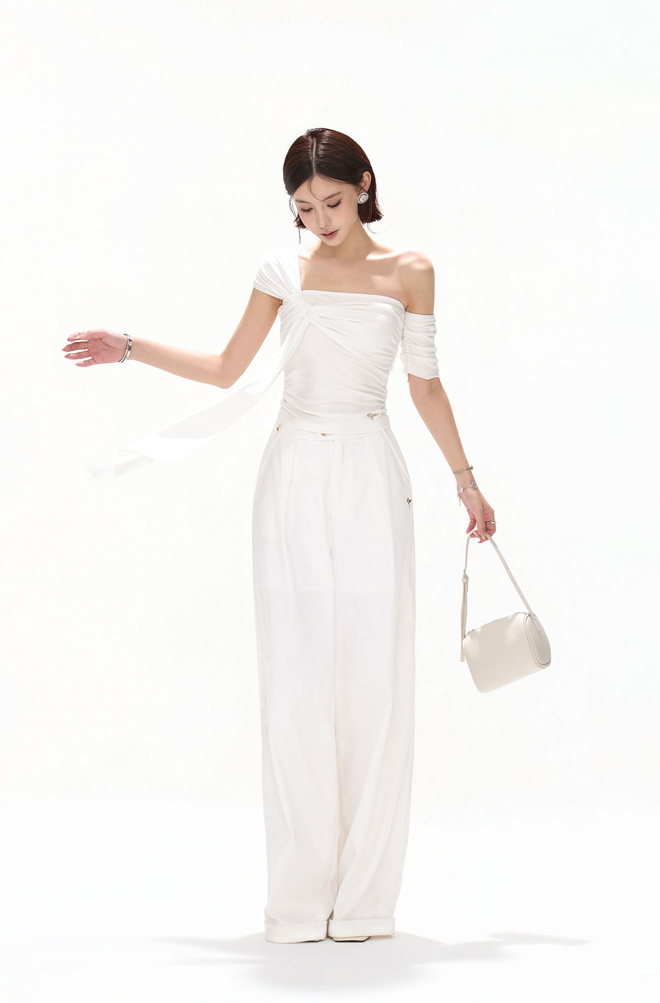 CYNR Twist-Drape Off-Shoulder Top White