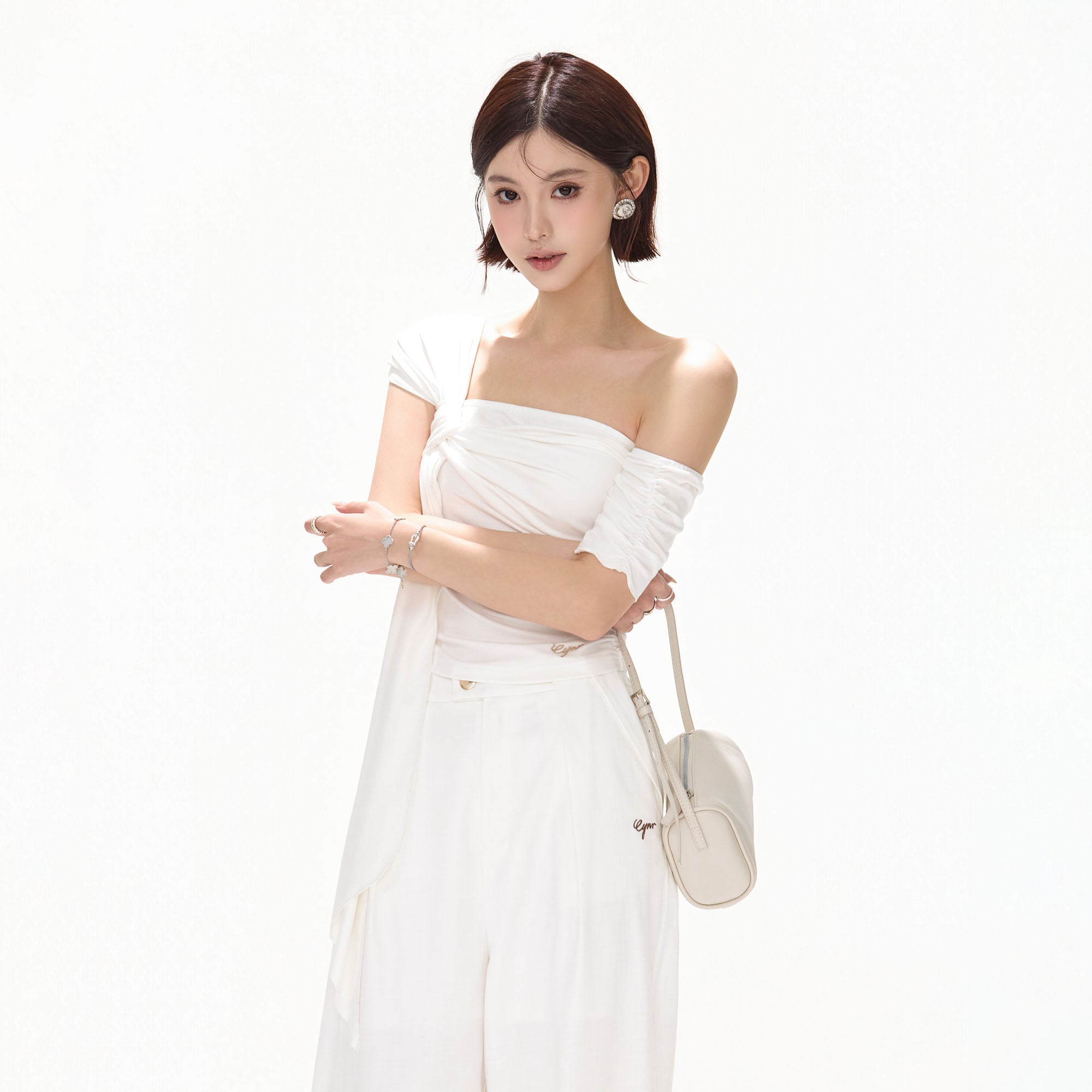 CYNR Twist-Drape Off-Shoulder Top White