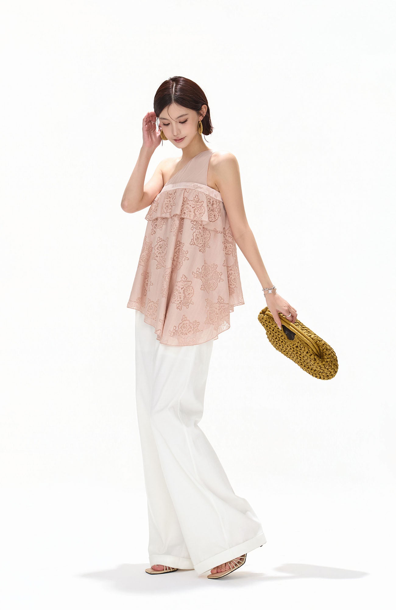 CYNR Asymmetrical Floral Lace Ruffle Top