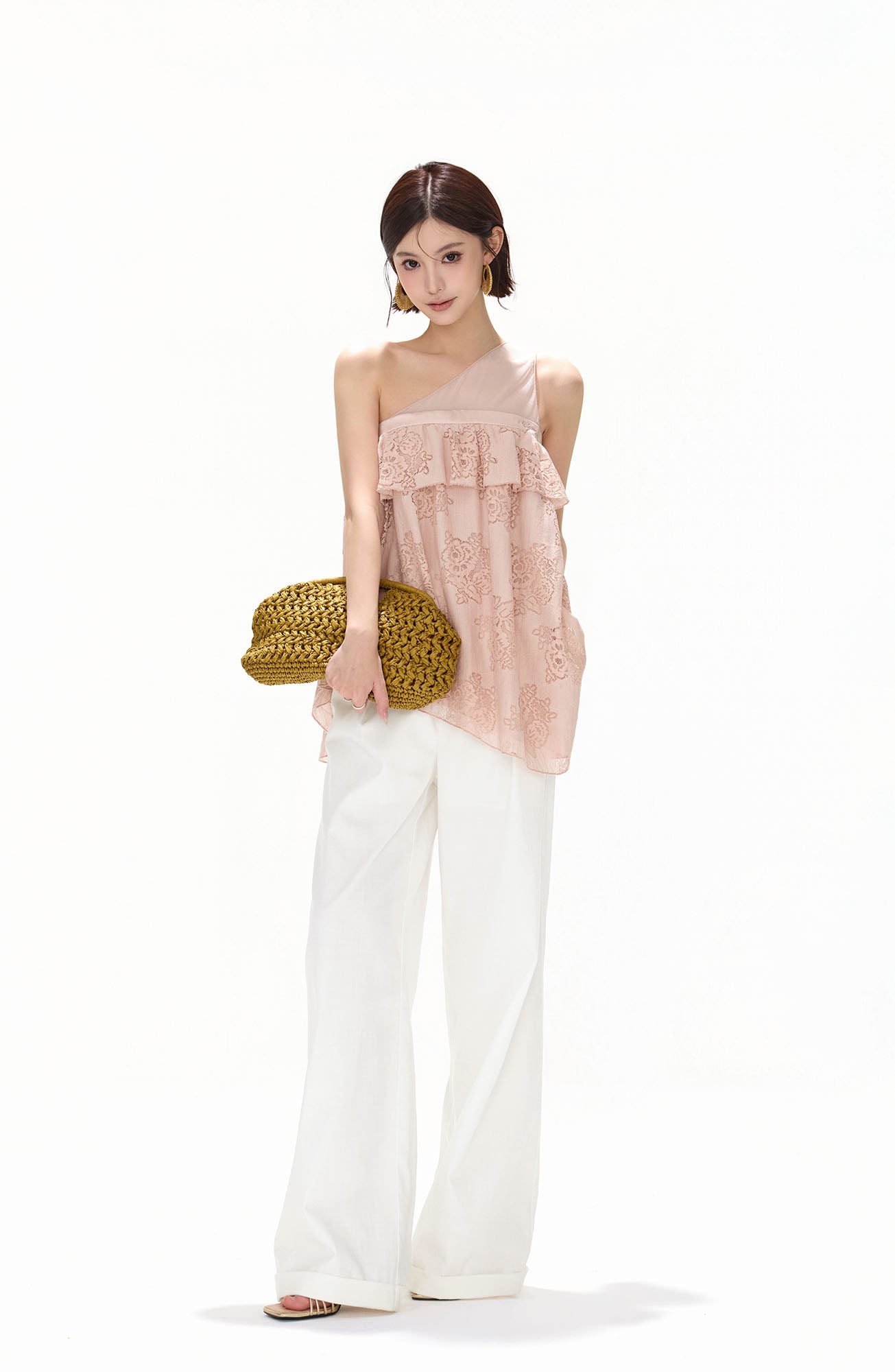 CYNR Asymmetrical Floral Lace Ruffle Top