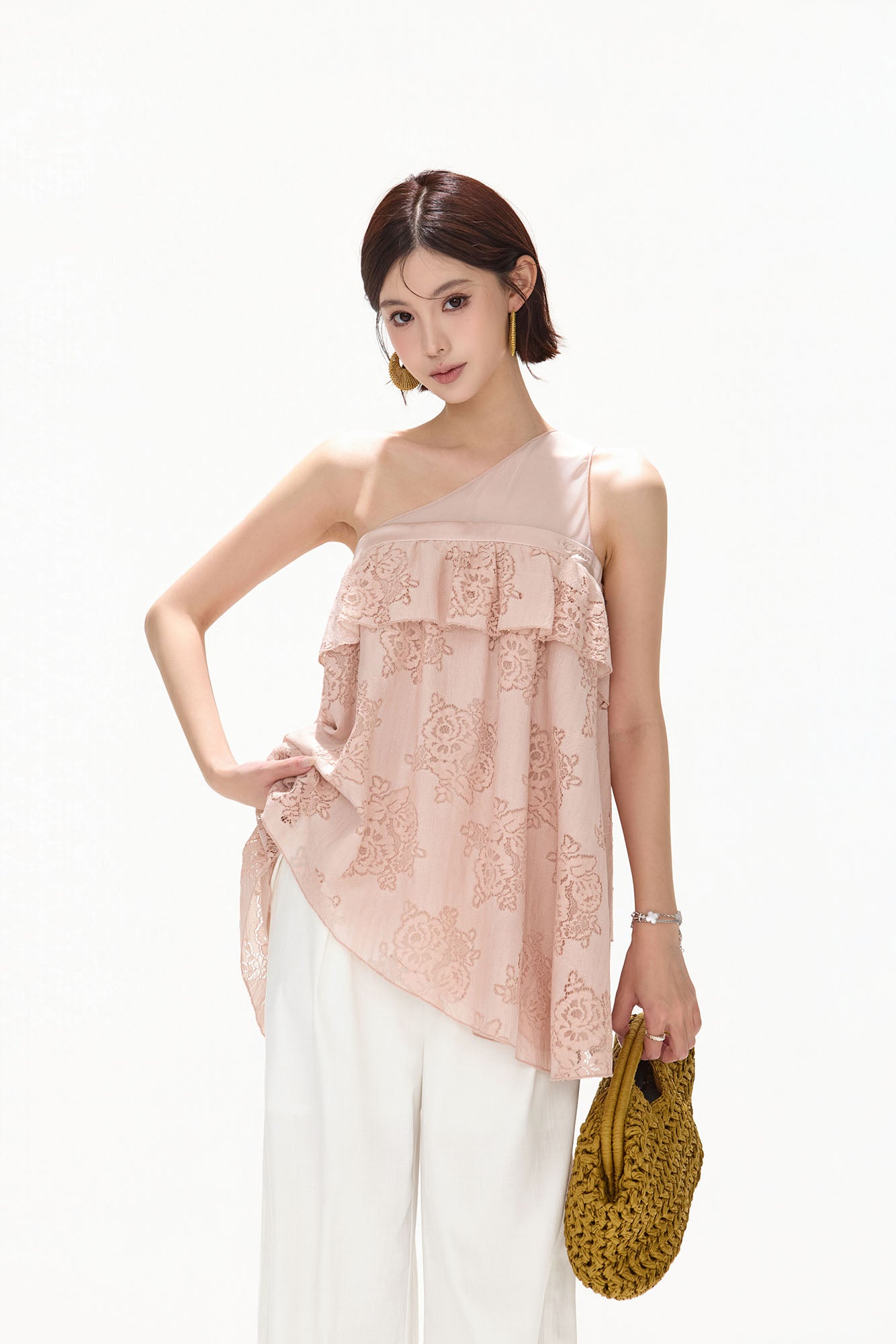 CYNR Asymmetrical Floral Lace Ruffle Top