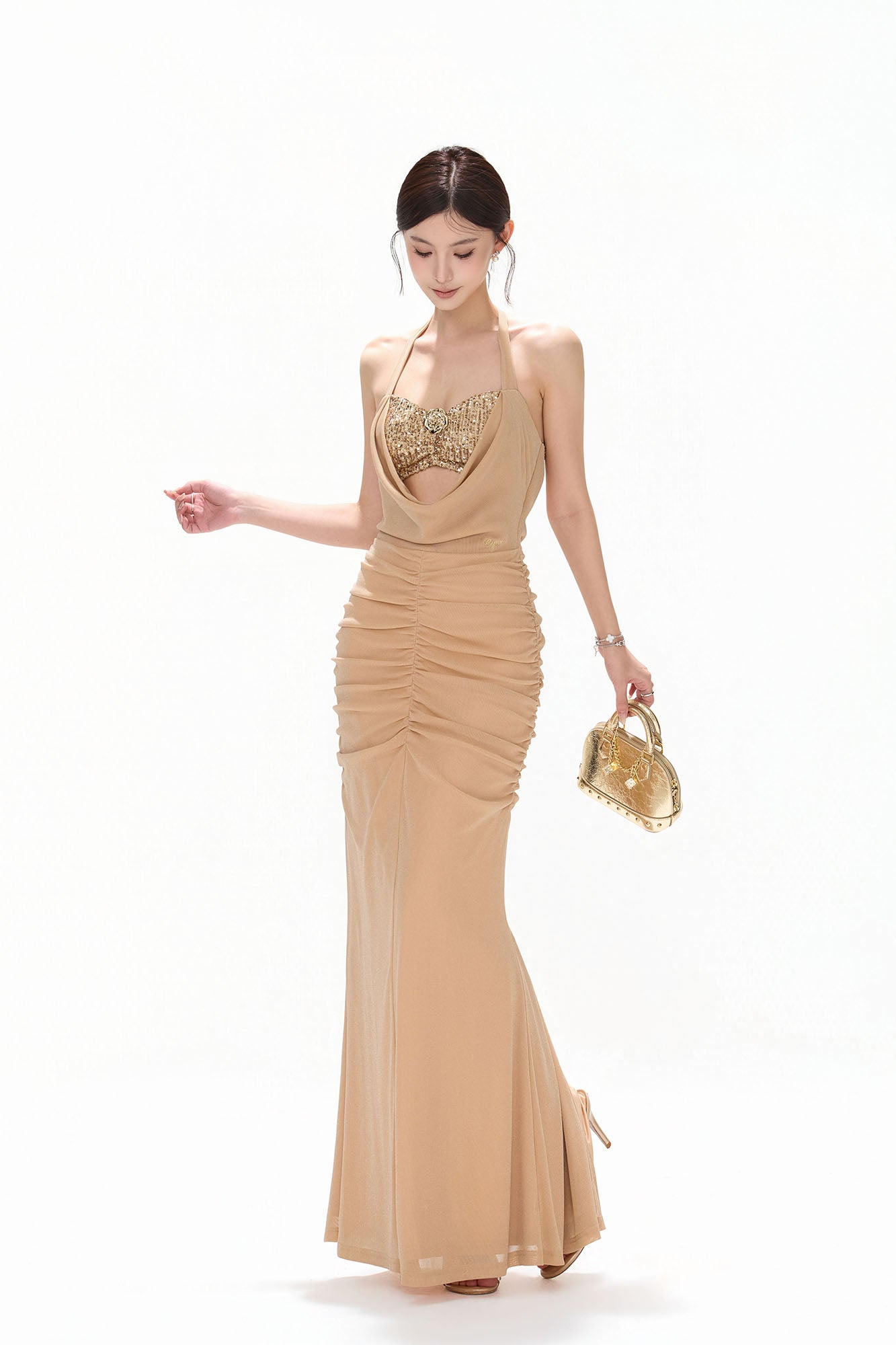 CYNR Sequin Bandeau Ruched Halter Maxi Dress Champagne