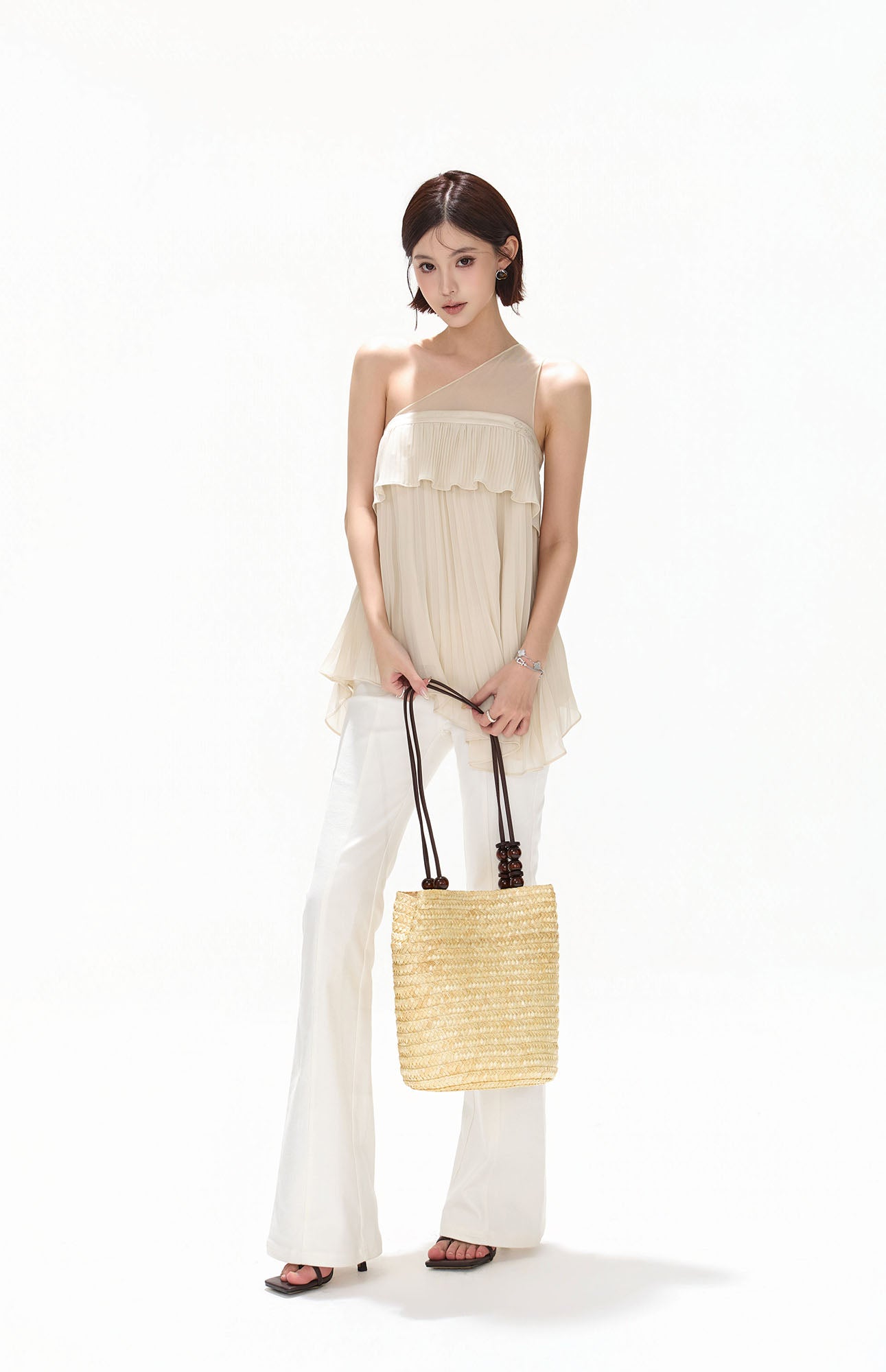 CYNR Asymmetrical-Shoulder Crinkled Ruffle Top
