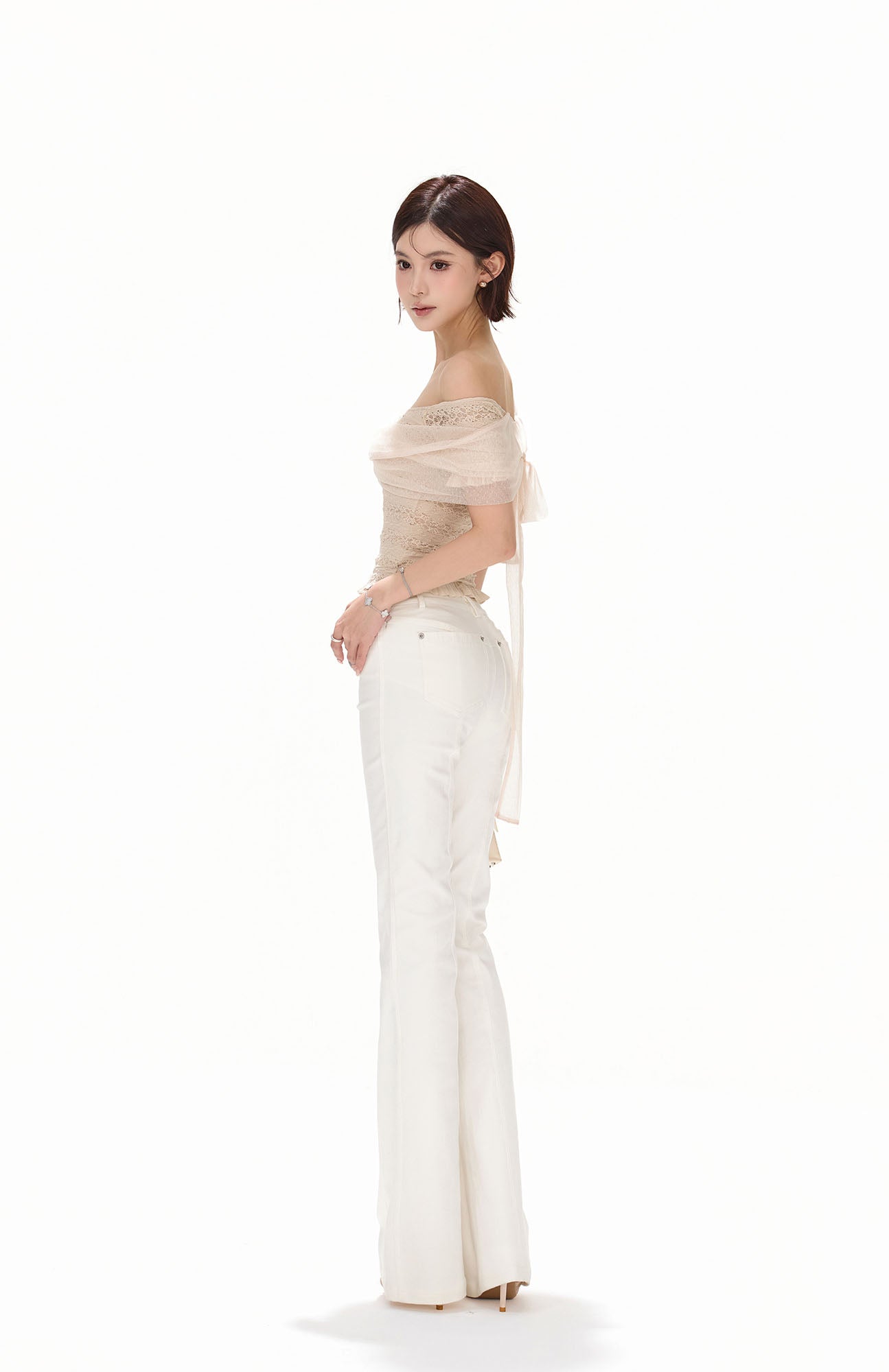 CYNR Sheer Draped Off-Shoulder Lace Top