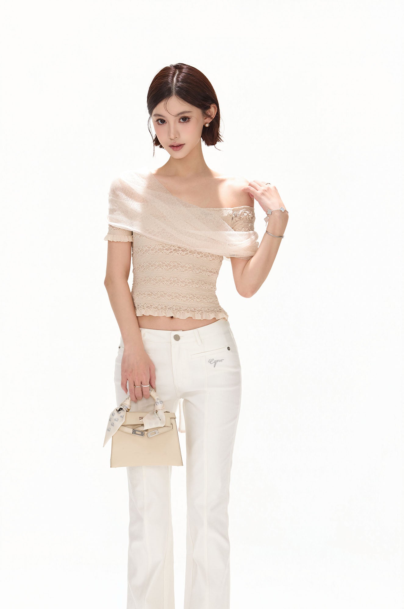 CYNR Sheer Draped Off-Shoulder Lace Top