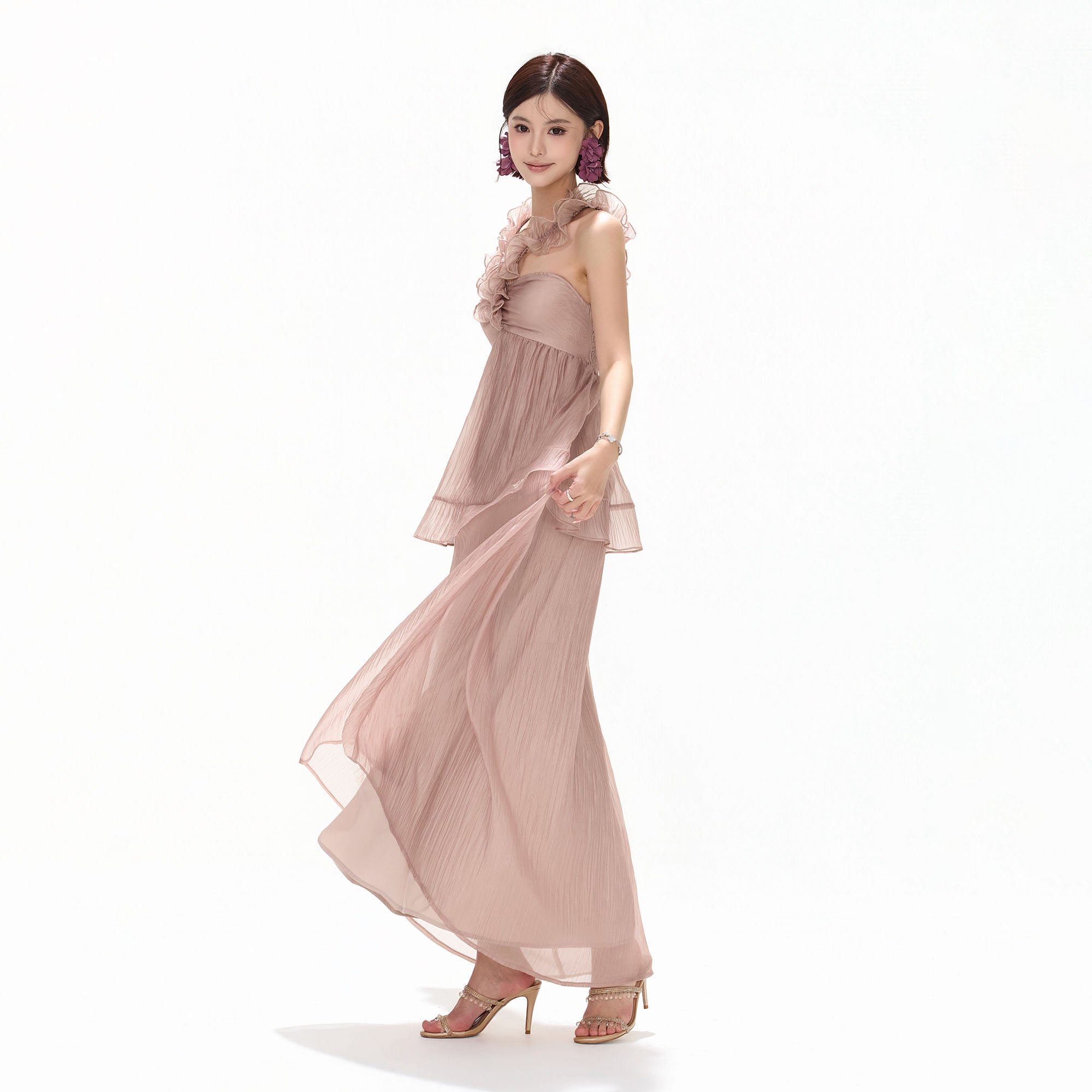 CYNR Ruffle Trim Halter Maxi Skirt