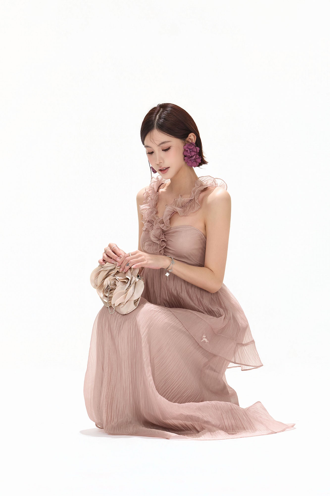 CYNR Ruffle Trim Halter Maxi Skirt