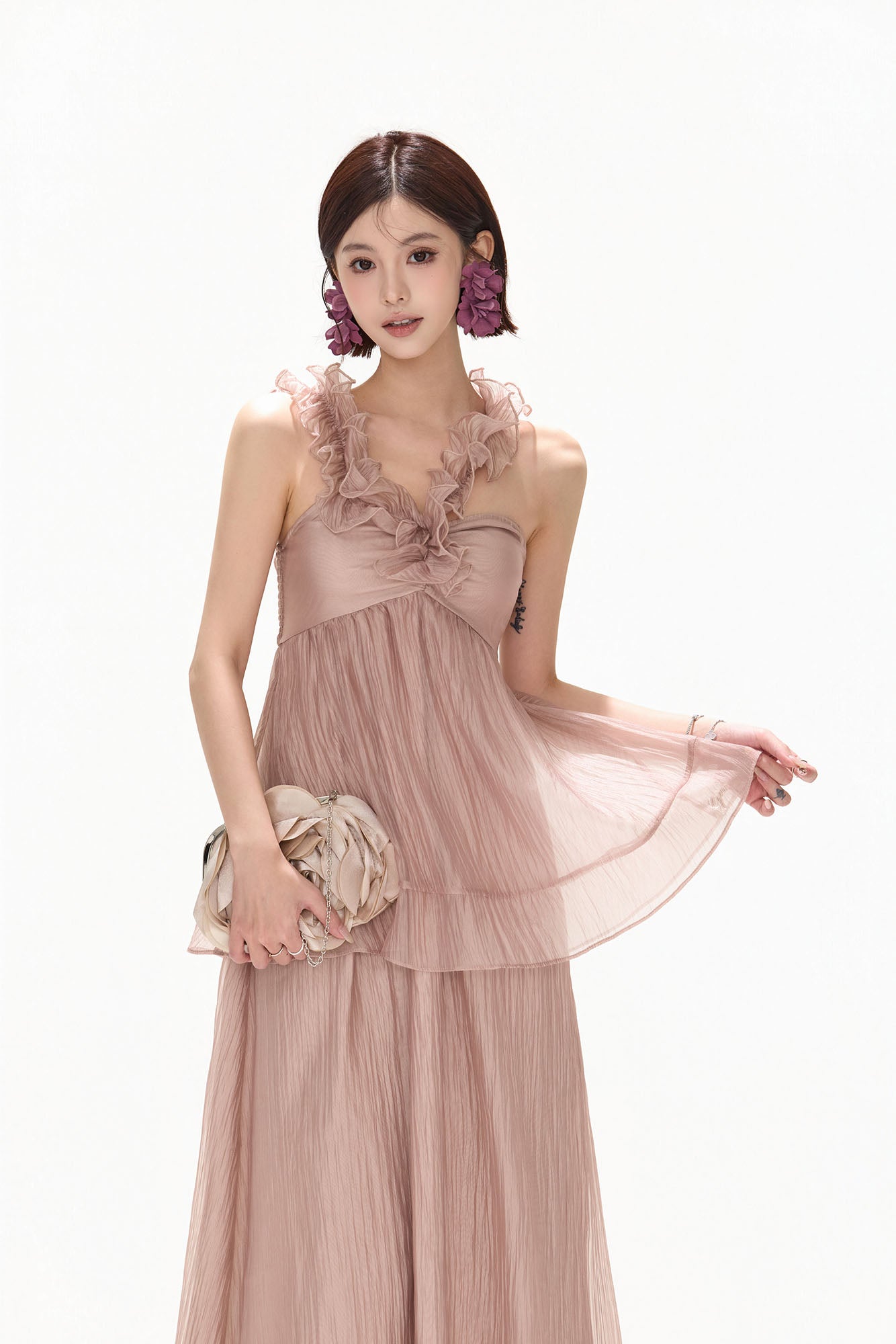 CYNR Ruffle Trim Halter Maxi Skirt