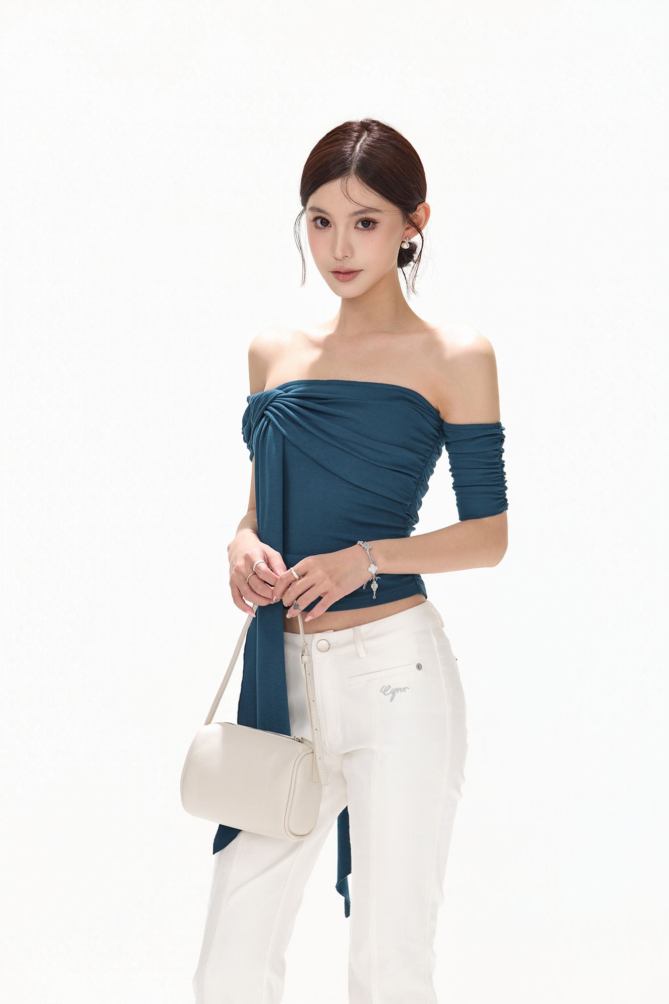 CYNR Twist-Drape Off-Shoulder Top Blue