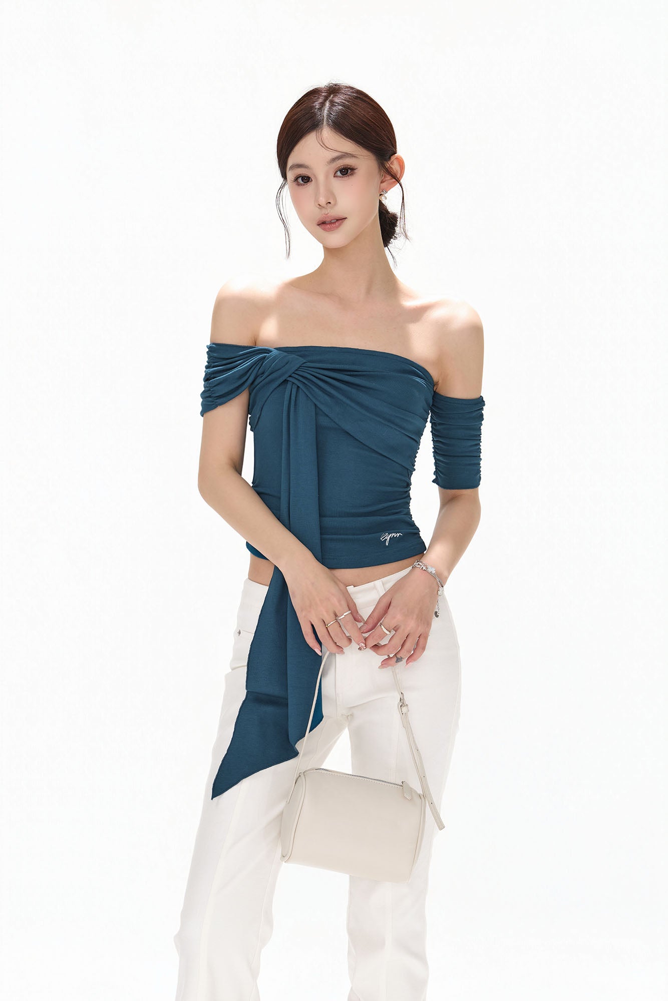 CYNR Twist-Drape Off-Shoulder Top Blue