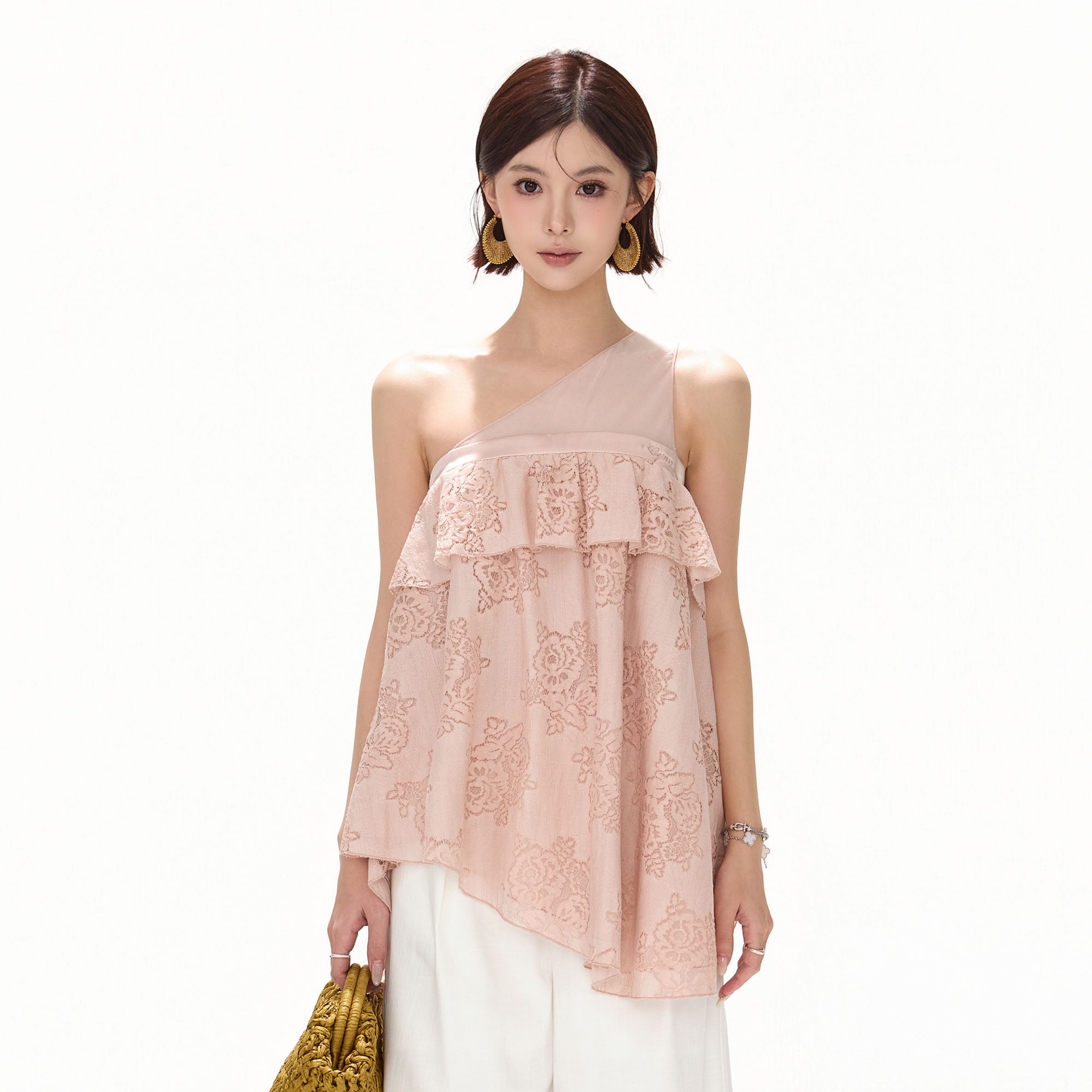 CYNR Asymmetrical Floral Lace Ruffle Top