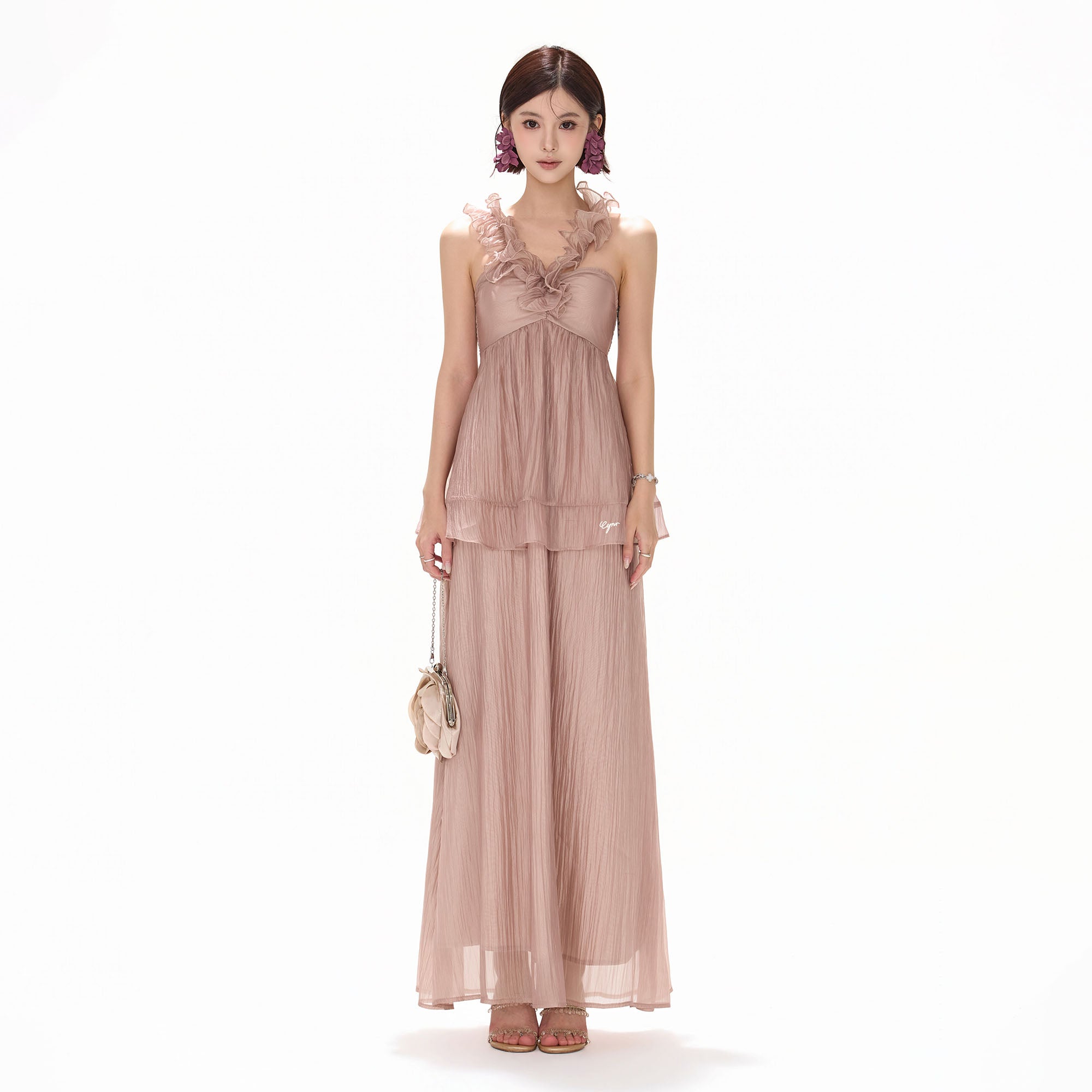 CYNR Ruffle Trim Halter Maxi Skirt